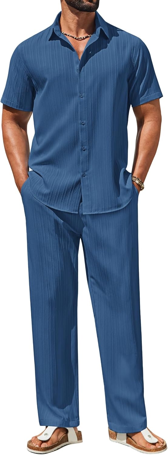 COOFANDY Mens 2 Piece Outfits Casual Summer Beach Textured Button Down Shirt Loose Pants Set