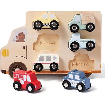 Wooden Cars Vehicles Set for Children - 6 Pieces Wooden Cars Set with Fire Engine Ambulan Taxi and More - Wooden Toy for Boys Girls Montessori Toy for Babies from 1 Years