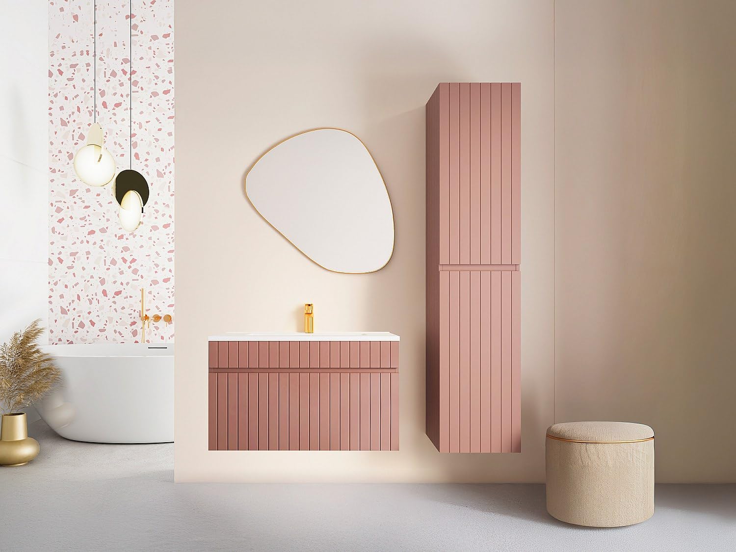 Vente-unique - Meuble de Salle de Bain Suspendu strié Rose avec Vasque à encastrer et Colonne - 80 cm - SATARA