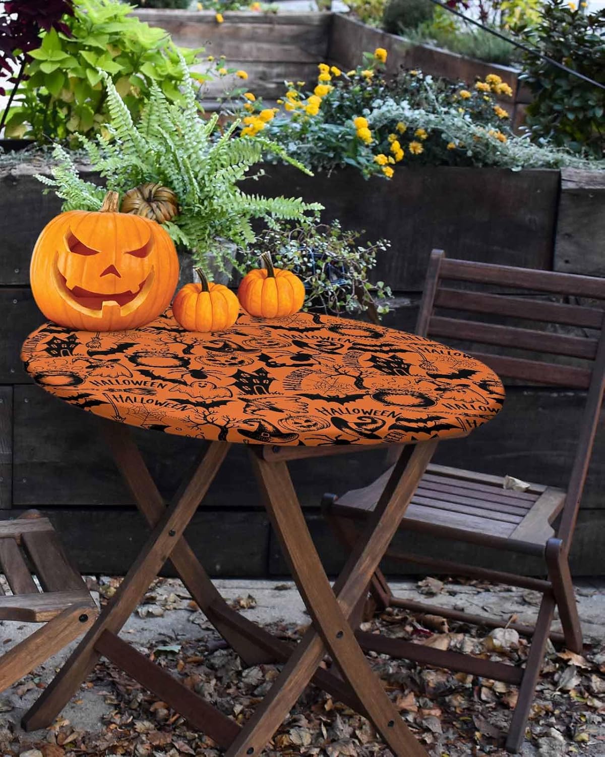 Round Fitted Tablecloth Elastic Edged Table Cover,Halloween Bat Castle Orange Black Waterproof Wipeable Table Cloths for Kitchen Dining Party Fit up 55-60in Tables,Pumpkin Ghost