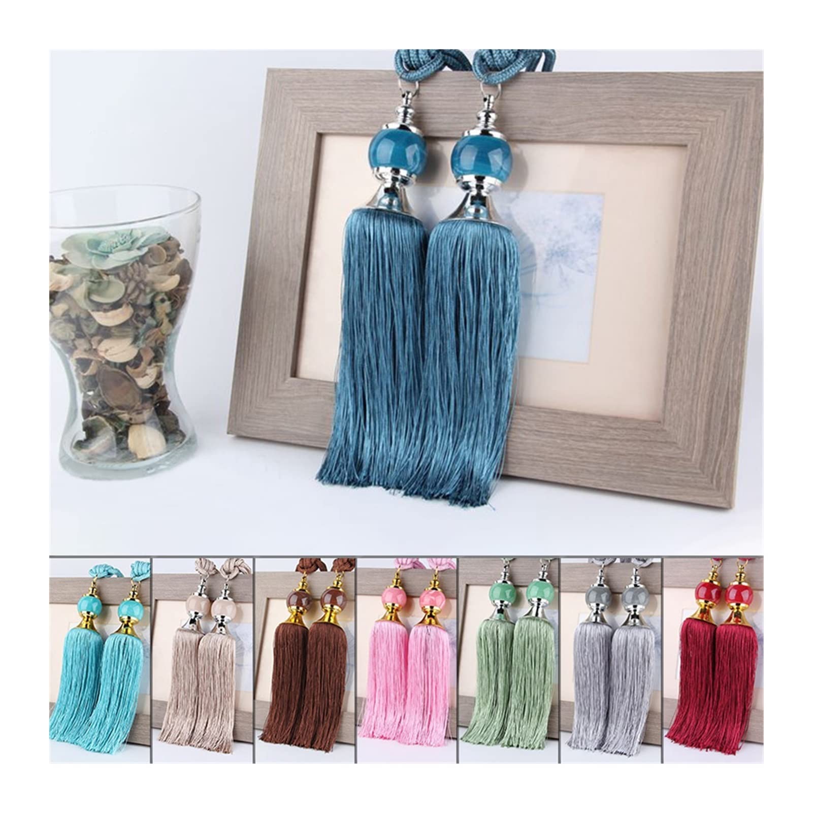 1 paire d'embrasses de rideaux avec pompon et boule de cristal, corde à franges pour décoration d'intérieur