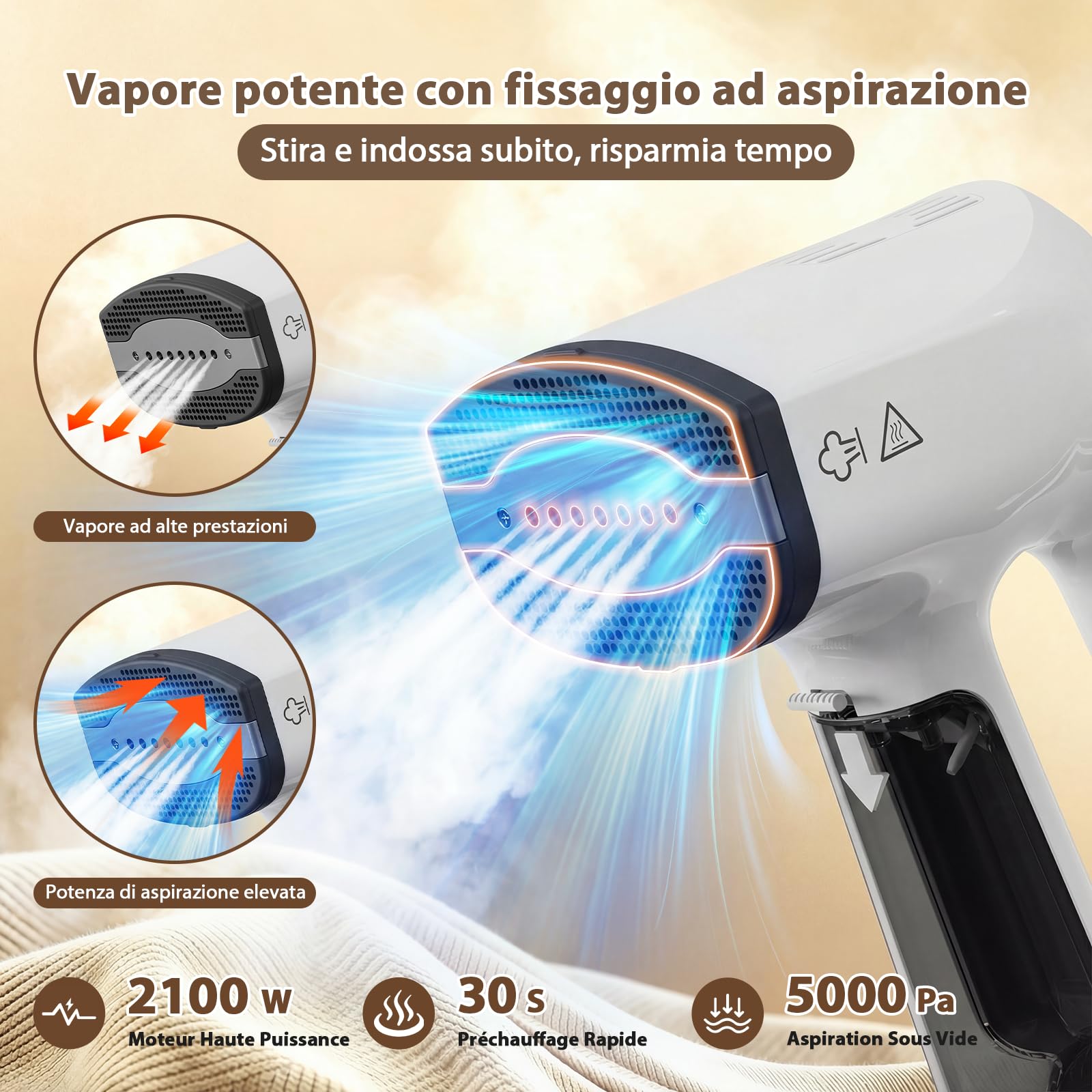 Anbull 2-In-1 Ferro Da Stiro Verticale Portatile, 5000 Pa Aspirazione | 3 Modalità, Serbatoio Removibile, Riscaldamento 30s. Ferro Stiro Verticale Per Abiti. Ideale Casa, Ufficio, Viaggio