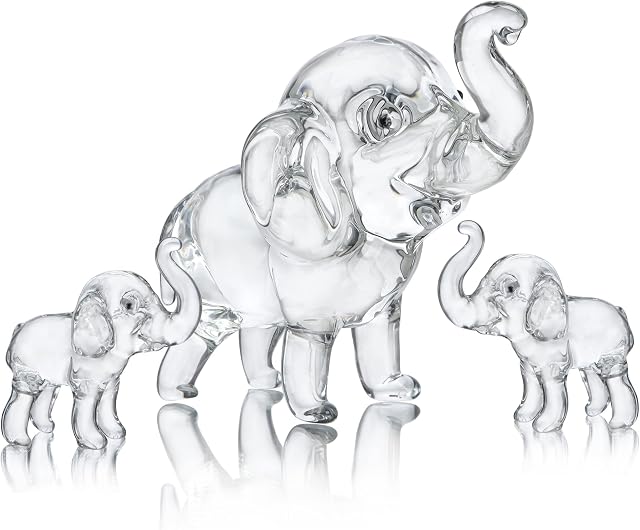 Set of 3,Mother and Two Babies Elephant Collectible Figurines Lucky Crystal Paperweight Ornament Home Decor Table Centerpiece Housewarming Congratulatory Gift