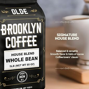 BROOKLYN COFFEE Whole Bean, House Blend Medium Roast (5lb) Balanced, Breakfast, Classic - Fresh Bulk Coffee Beans Roasted Weekly in NYC