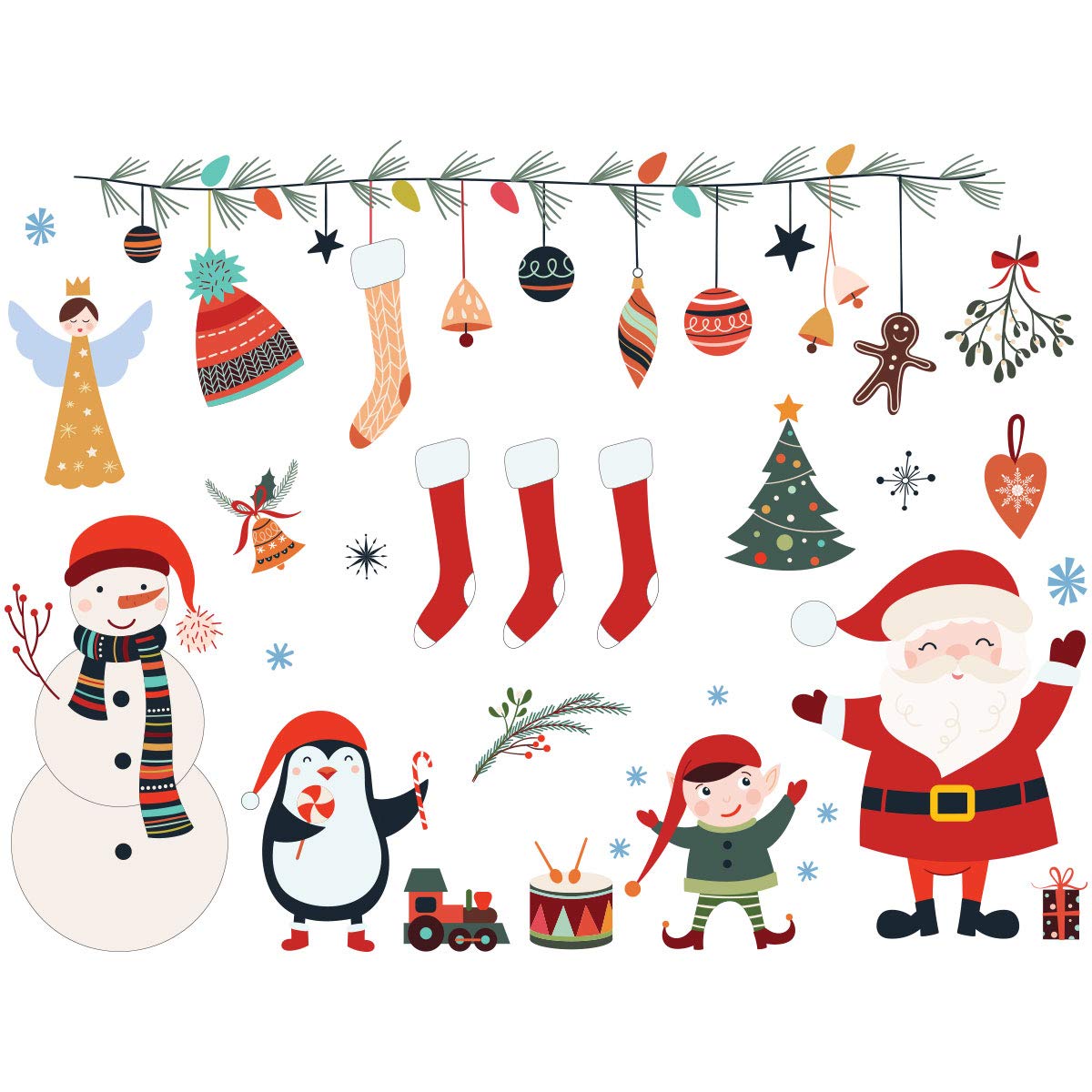 Ambiance Sticker Mural de Noël Éléments - Déco Fêtes, 60 x 80 cm | Stickers muraux de Noël, autocollant prédécoupé fond translucide, convient vitres et murs colorés, sans travaux