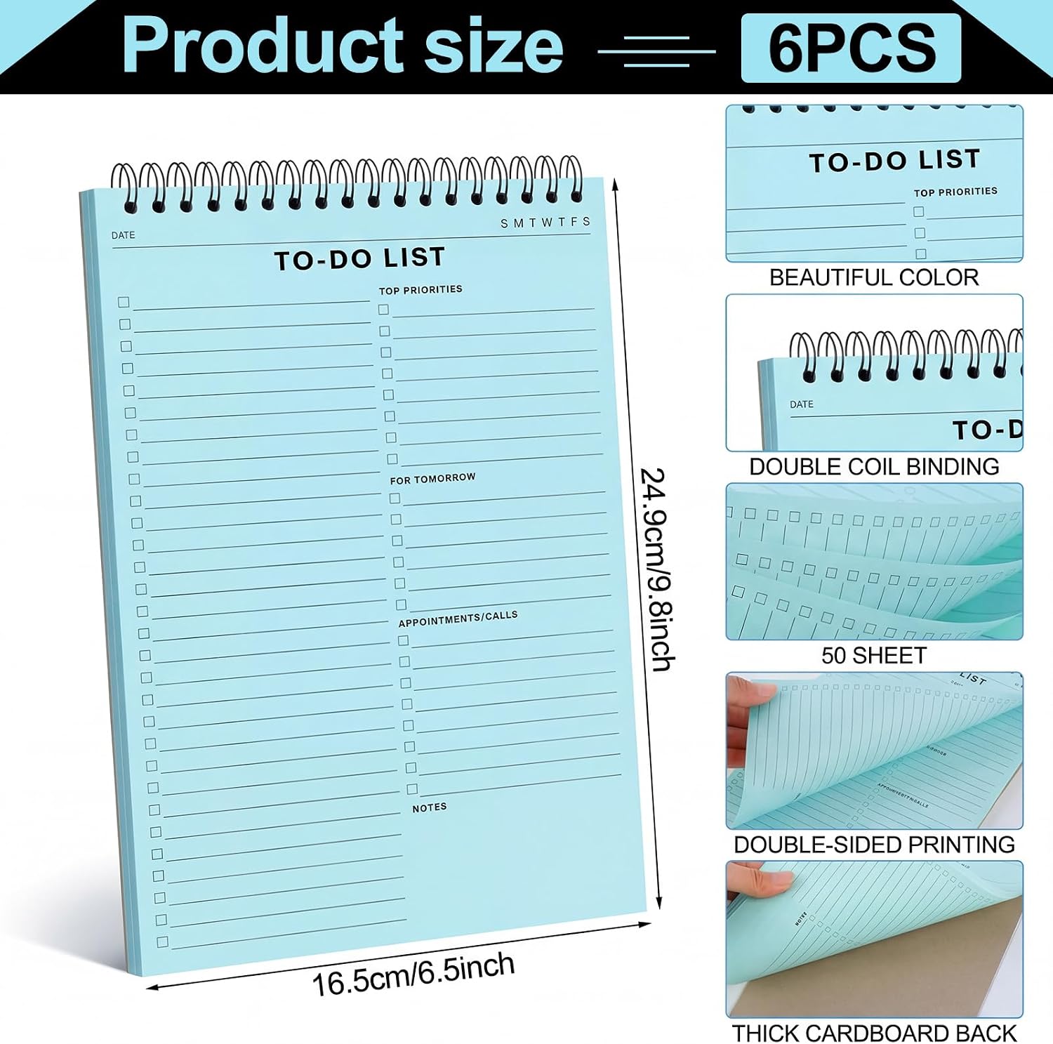 6 Pcs Notepads 50 Sheets 6.5 x 9.8 Inch, 6 Multi Colors Spiral Daily Planner Notebooks with Multiple Functional Sections for Classroom Office Plan Work Schedule (to Do List,Light Colors)