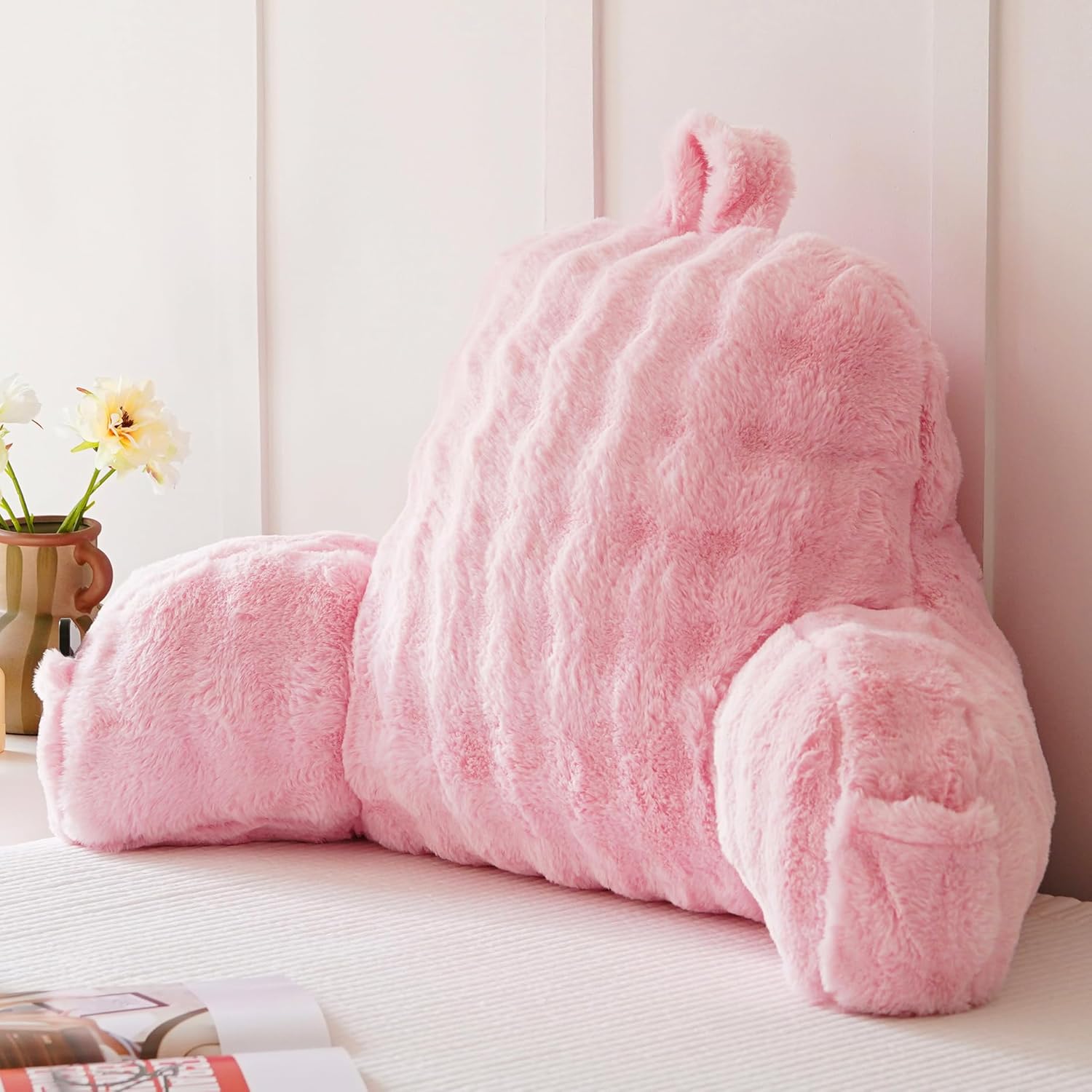 Yaoshuho Faux Fur Reading Pillow for Sitting in Bed, Large Backrest Bed Pillow with Arms, Back Support Pillow for Lounging Bedrest, Pink
