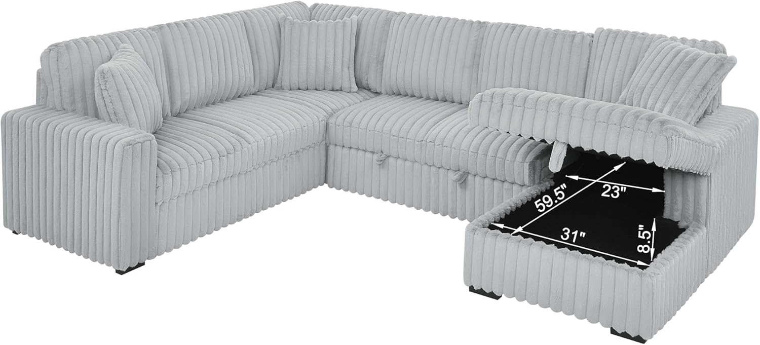 122 Inch Oversized U Shape Corduroy Sectional Sleeper Sofa Bed with Storage Chaise, Pull Out Couch with USB Ports,Gray Grey U Shaped Couch