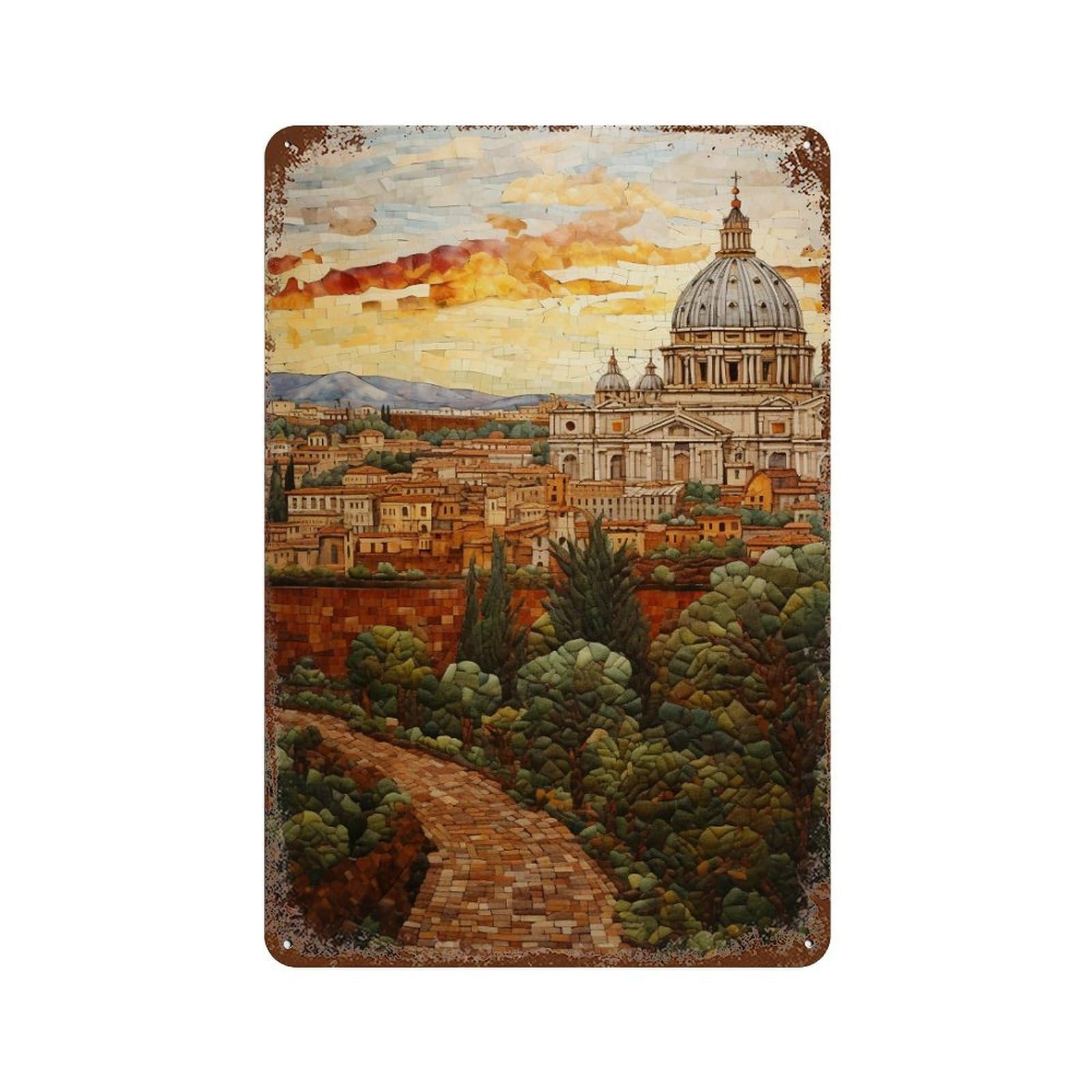 Garage Style Rome Cityscape Mosaic Art Weathered Tin Sign 11.8"x7.9", Farmhouse Wall Decor for Bar And Workshop