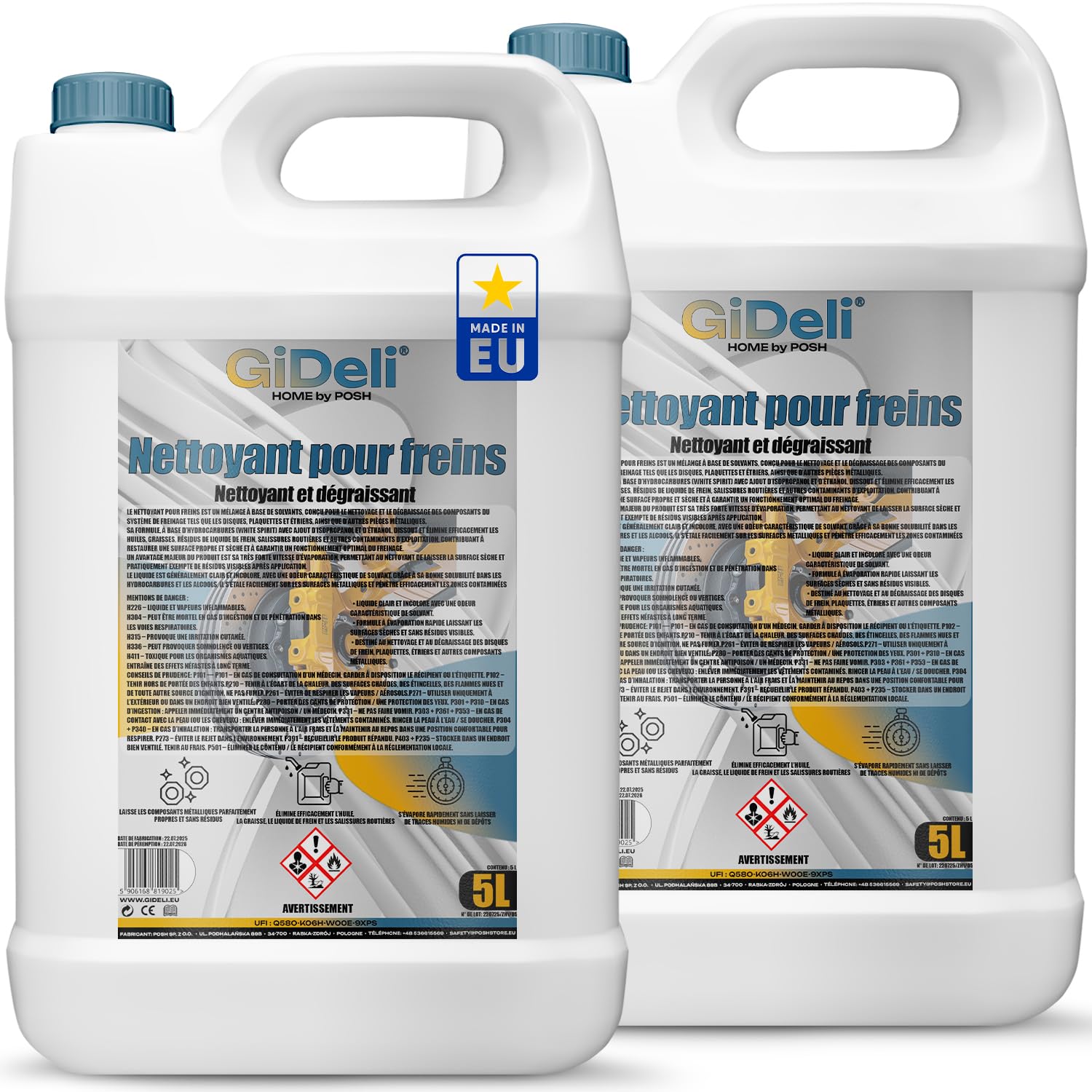 GiDeli Lot de 2 bidons de nettoyant de freins de 5 l - Pour voiture, moto et vélo - Élimine l'huile, la graisse, la poussière de frein, les résidus de colle - Dégraissant d'atelier, séchage rapide