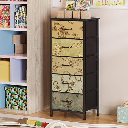 Miniatura 7 de Furnulem Cómoda vertical para dormitorio, torre de almacenamiento alta y delgada con 5 cajones de tela y 8 cajones, cómoda ancha de tela, muebles