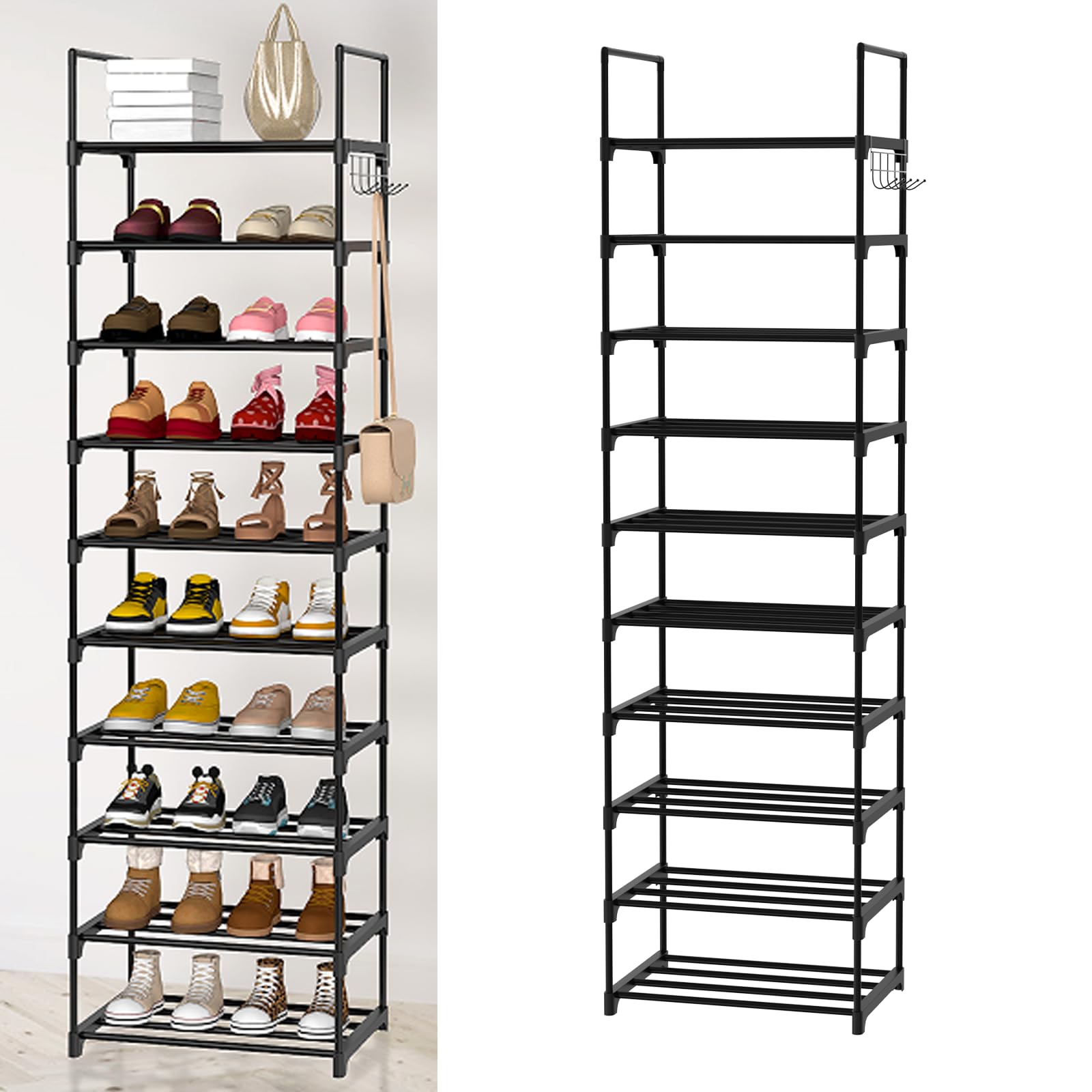VickyHome 10 Tier Shoe Rack Shoe Storage, Tall Narrow Shoe Rack Vertical Shoe Rack Slim Shoe Rack with Side Hooks, Waterproof Metal Stel Frame Shoe Storage Organiser for Closets, Entryway