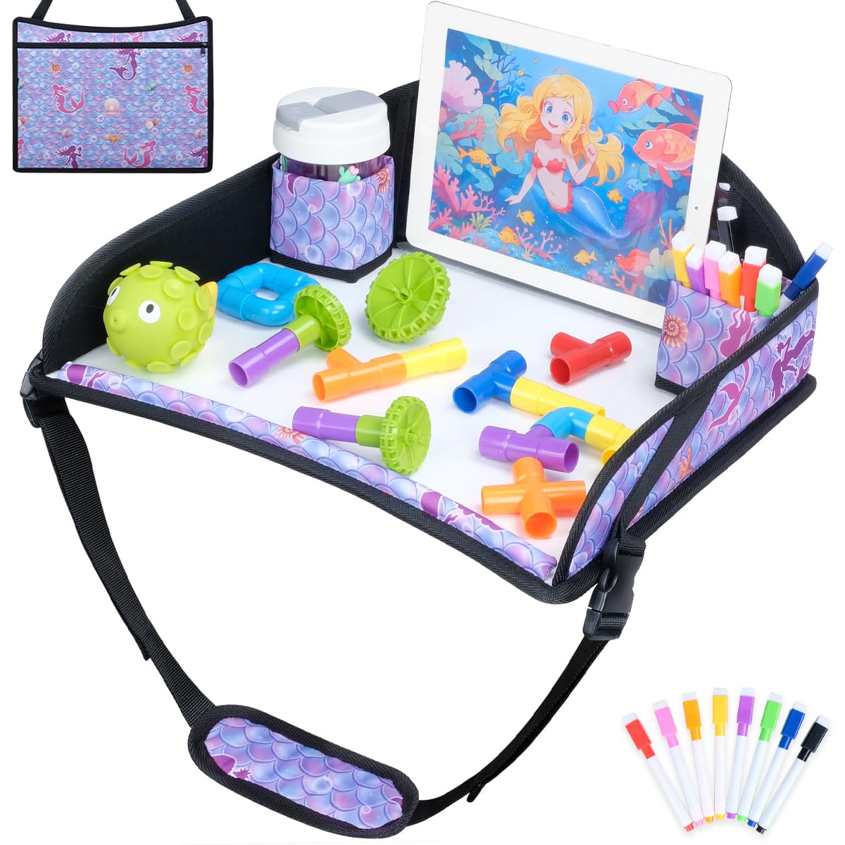 Bandeja de viaje COOLBEBE para niños, bandeja de viaje para asiento de coche para niños pequeños, bandeja de viaje para avión, bandeja para regazo, bandeja de mesa para asiento de coche para niños, actividades de viaje, sirena