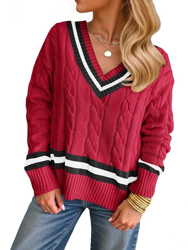 Saodimallsu Womens V Neck Cable Knit Sweaters Long Sleeve Color Block Preppy Sweater Fall Loose Casual Pullover Tops