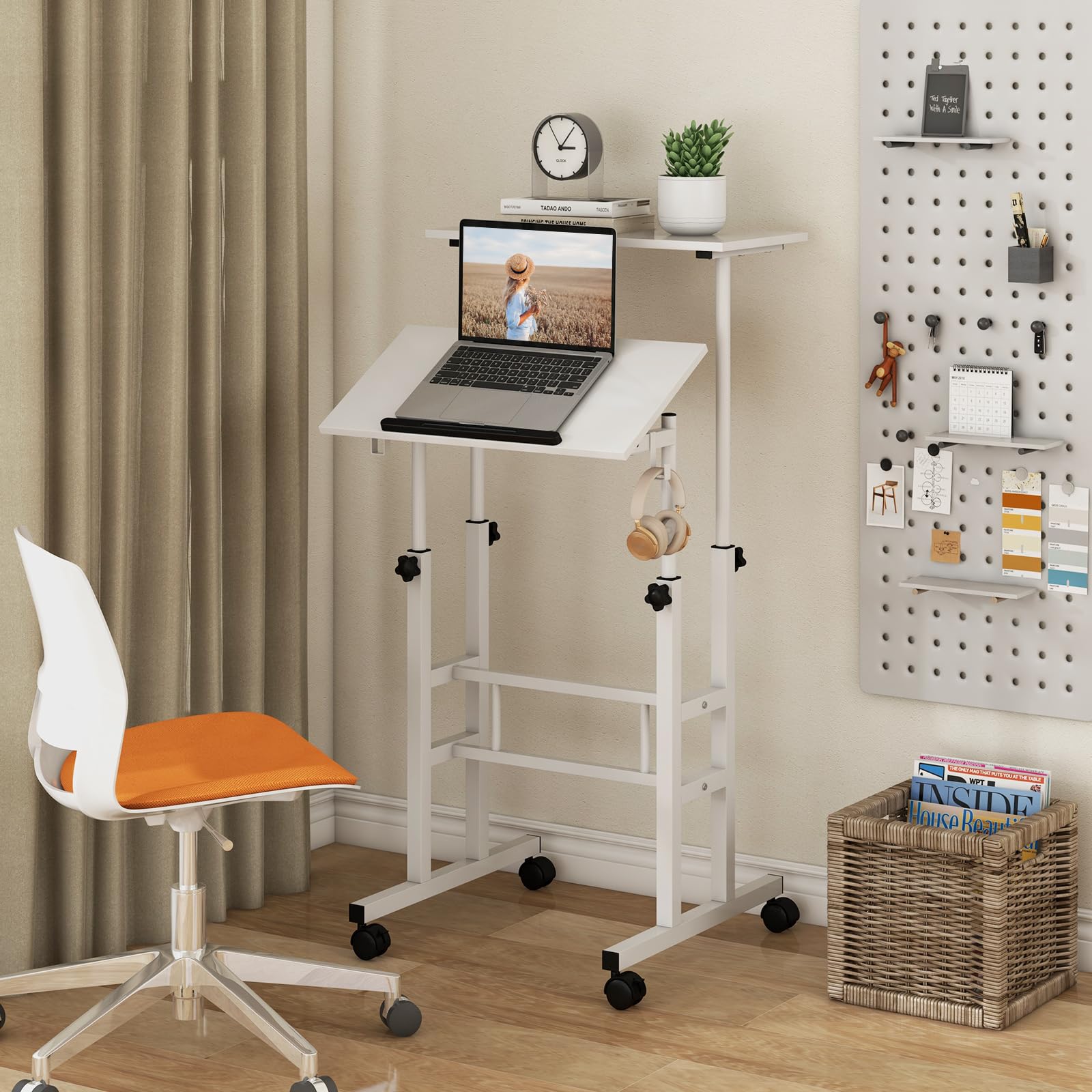 COSTWAY 2-laags in hoogte verstelbaar bureau, 75-113 cm bureaublad hoogte, zit-sta-werkstation met monitorplank, ergonomische computer tafel voor thuiskantoor (Wit