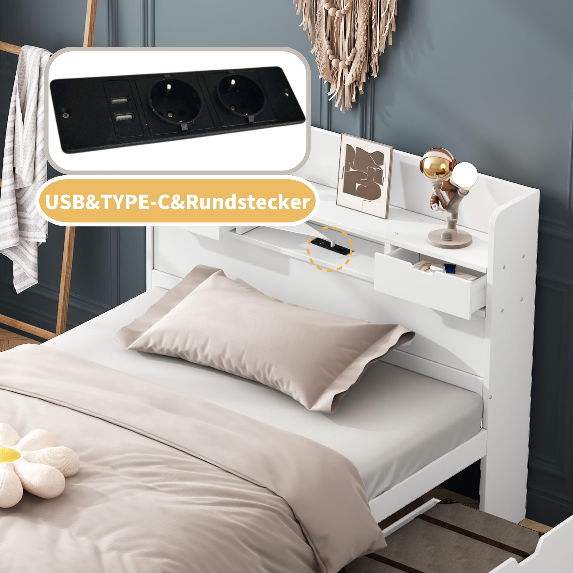 Holzbett Einzelbett 90x200cm mit Schubladen, USB & Stauraum Kopfteil, Massivholz Bettgestell mit Lattenrost, Stauraumbetten, Jugendbett, Kinderbett, ohne Matratze (weiß, 90x200)
