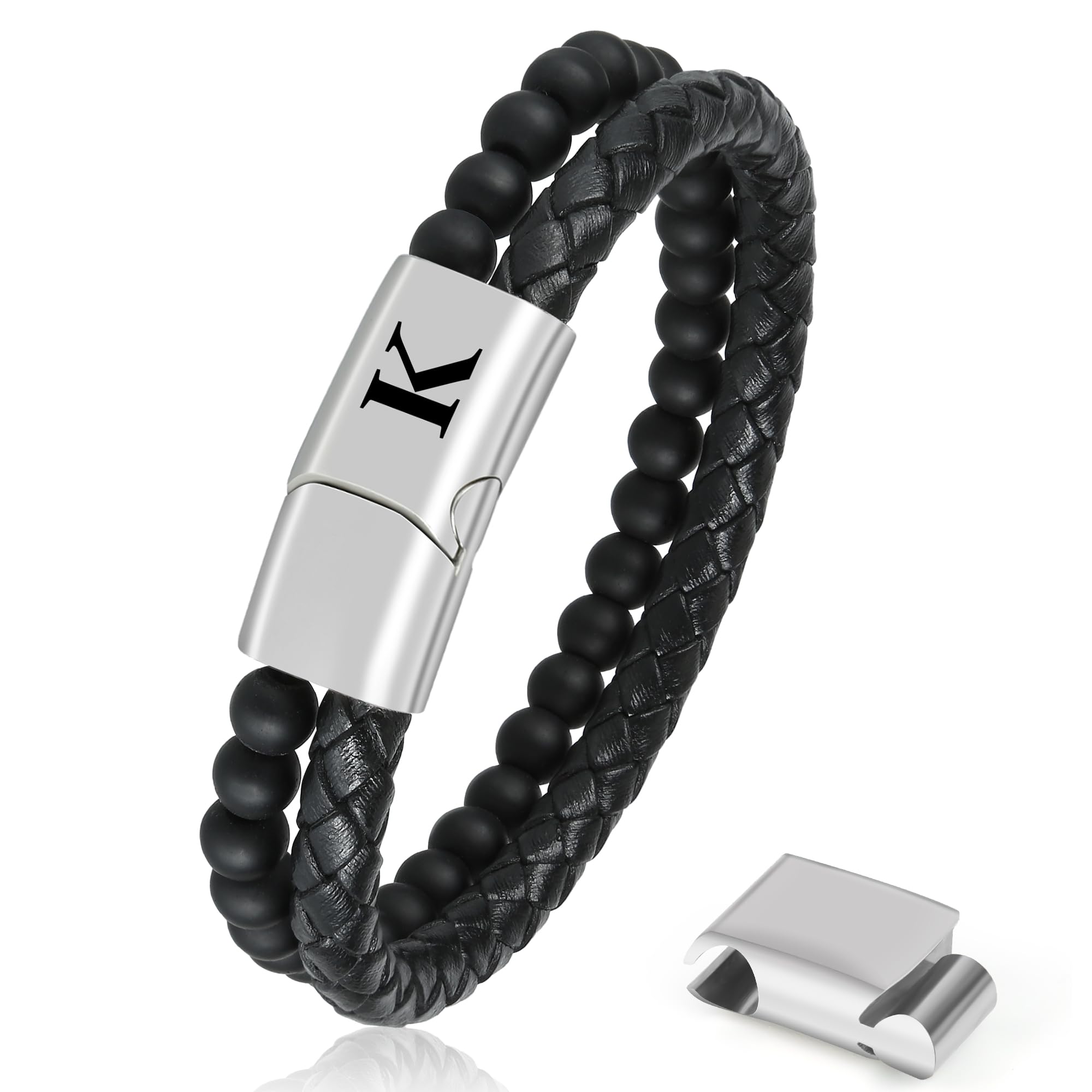 AospkleInitial Letter Leather Bracelet for Men, Black Alphabet Leather Bracelet with Clasp, to My Man Bracelet Jewelry Gifts for Dad Husband Brother Boyfriend Son Grandpa
