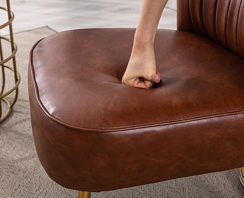 Miniatura 5 de Juego de 2 sillas decorativas de piel sintética marrón con patas doradas, modernas, tapizadas sin brazos, impermeables, cómodas sillas laterales con