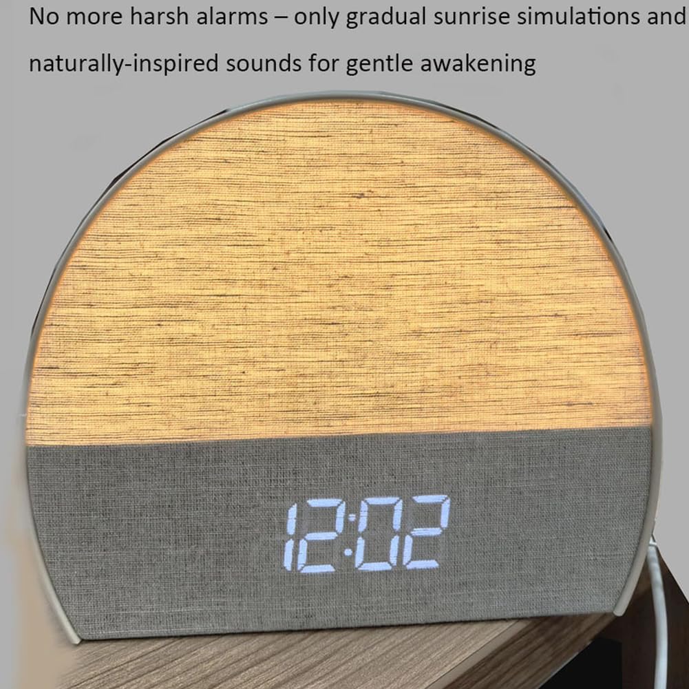 Reloj despertador con textura de tela con luz nocturna cálida, biblioteca de sonido de ruido blanco, sintonizador de radio FM y opciones de sincronización de alarma dual