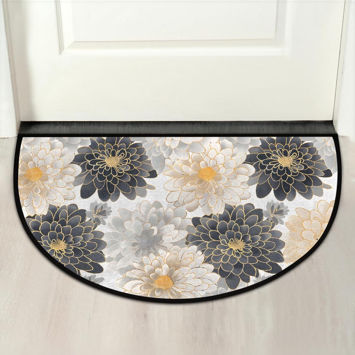 Half Round Door Mat Black White Flower Half Moon Rug Washable Half Circle Area Rugs Indoor Entrance Non Slip Semi Circle Bathroom Rugs Floor Carpet for Kithen Bedroom Fireplace Decor