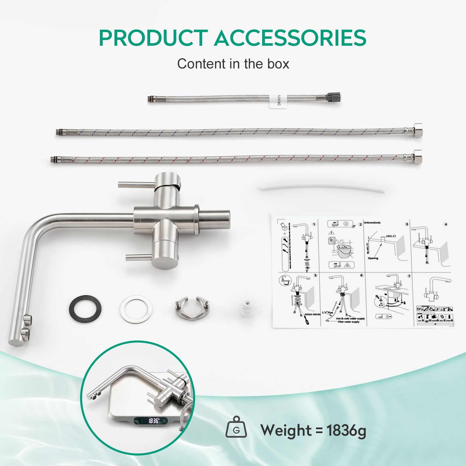 Grifo de Cocina Acero Inoxidable 3 Vías, Giratorio 360°, Mezclador 3 en 1 para Filtro de Agua Potable, Grifo con Doble Mando, Superficie Cepillada – Compatible con Sistema de ósmosis