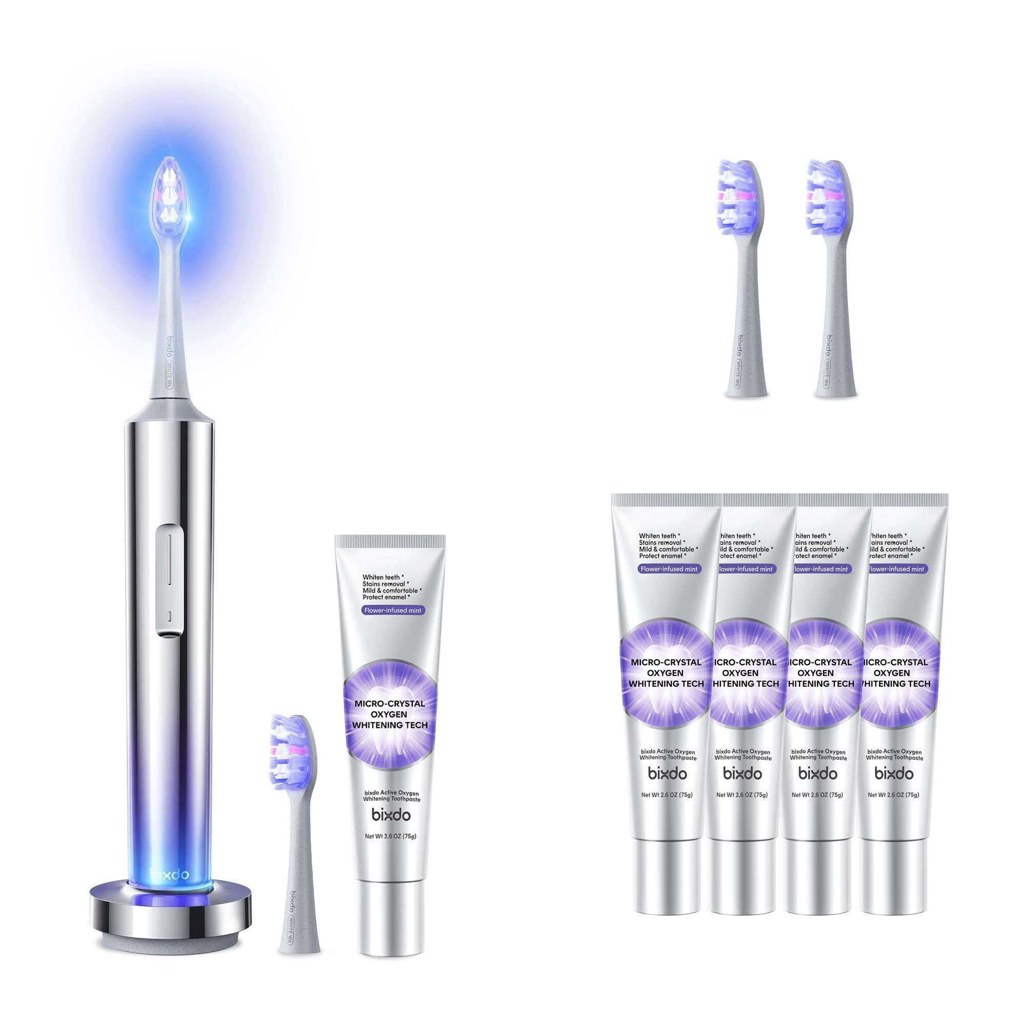 Whitening Electric Toothbrush Kits 4-Pack Pap Whitening Toothpaste 2-Pack Replacement Blue Light Brush Heads Sensitive Teeth Friendly Complete