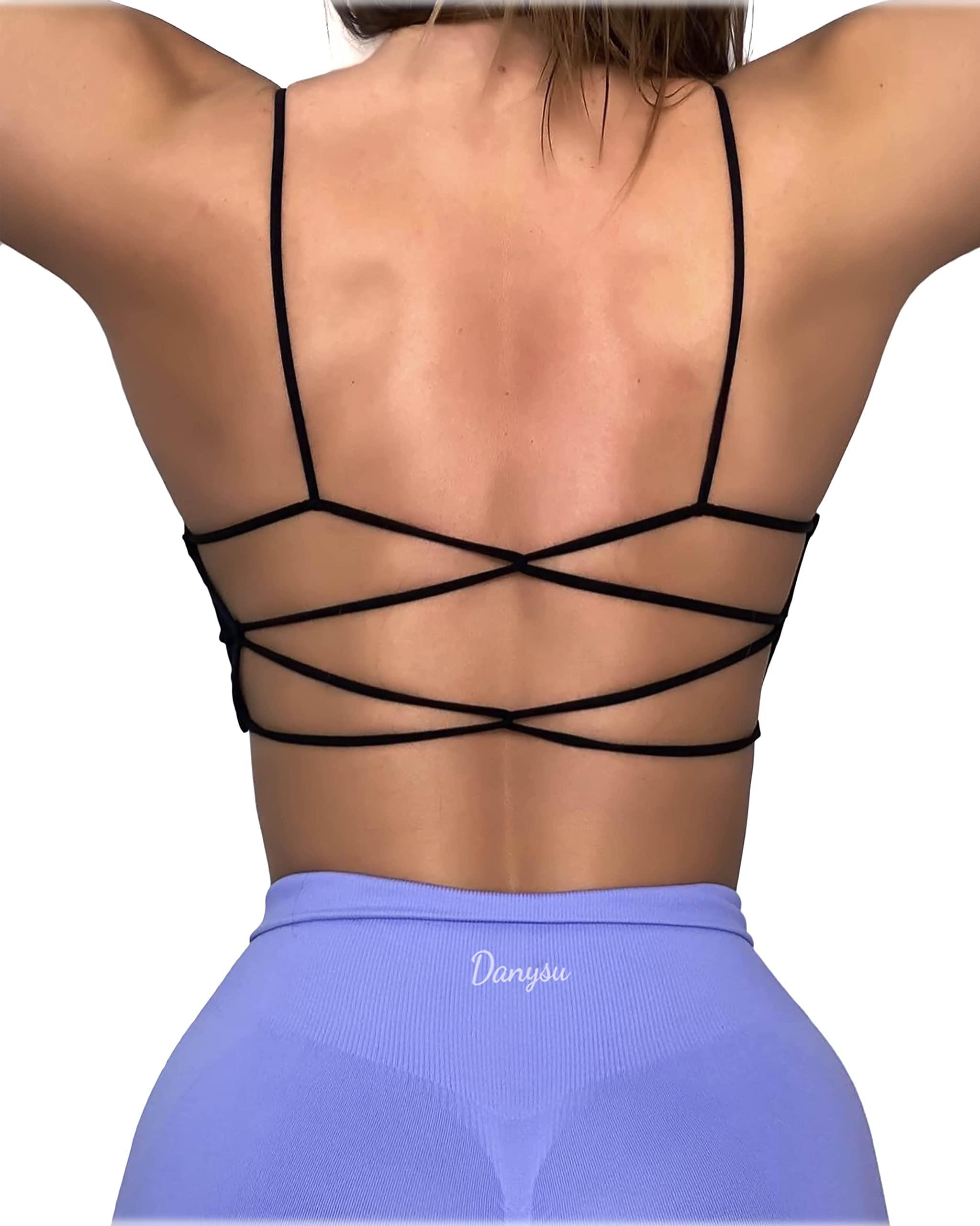Danysu Backless Sports Bra Buttery Soft Workout Tops with Removable Padded Yoga Training Bras Strappy Going Out Top - #1.crisscross Black - Large