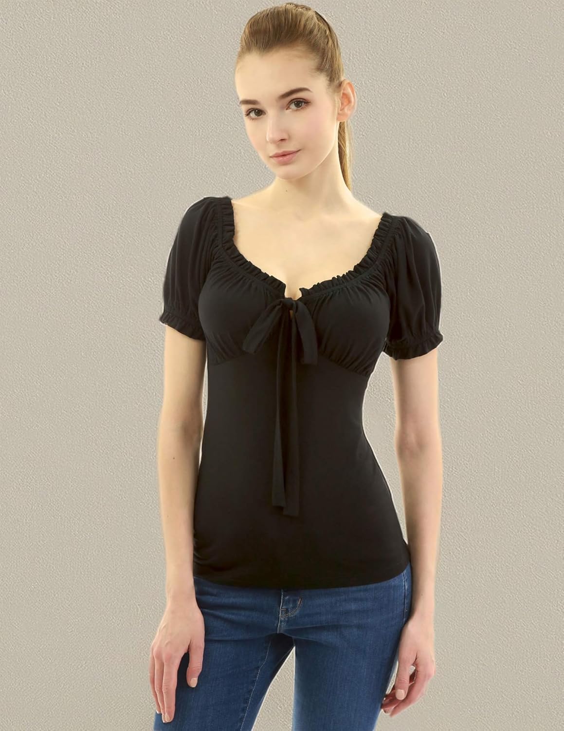 AmélieBoutik Women Ruffle Trim Tie Notch Neck Raglan Puff Short Sleeve Blouse Top - Image 6