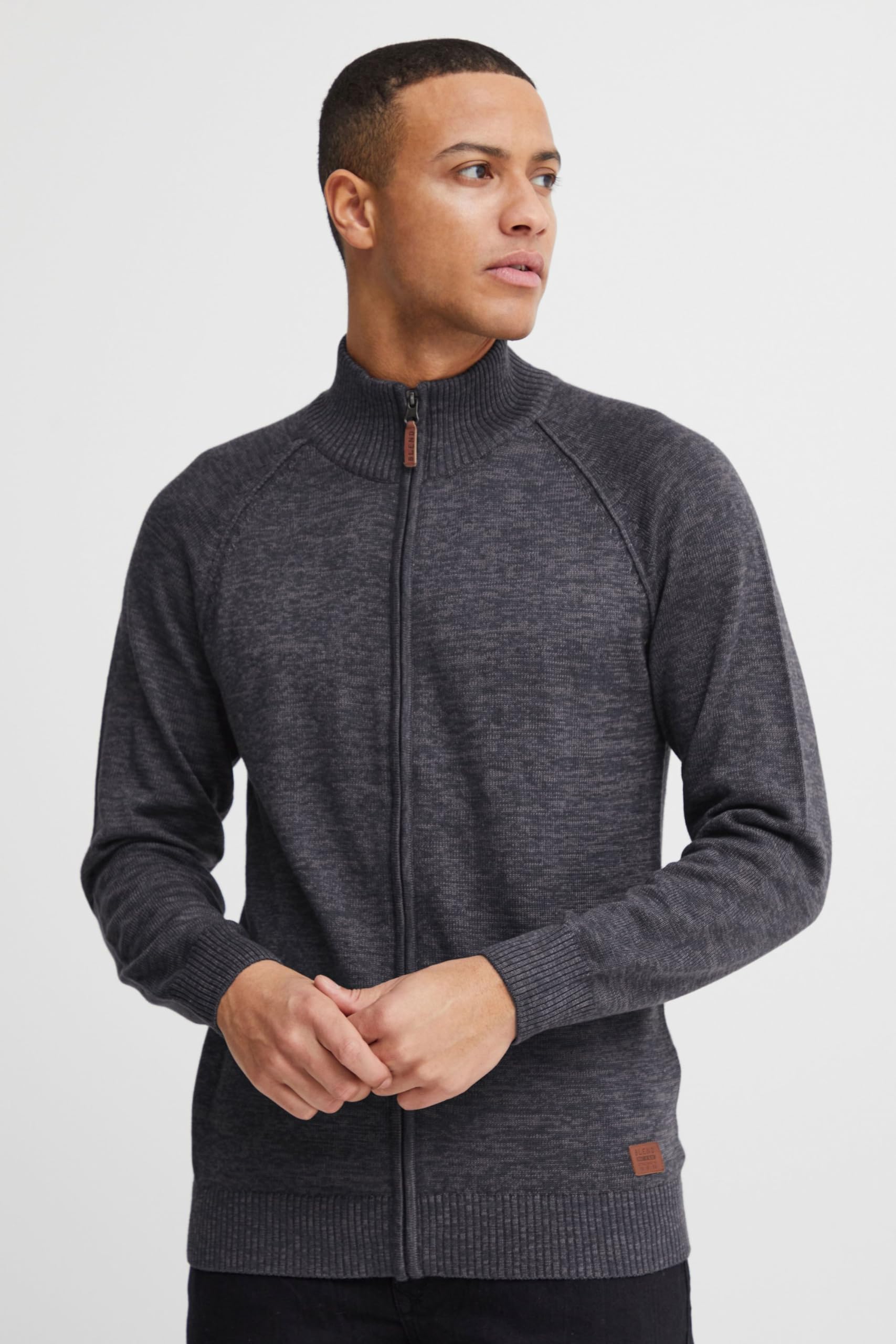 BLEND BHDaniri Homme Cardigan Gilet en Maille Fin avec col Montant Fermeture éclair Poignets côtelés Mélange de Coton Regular Fit