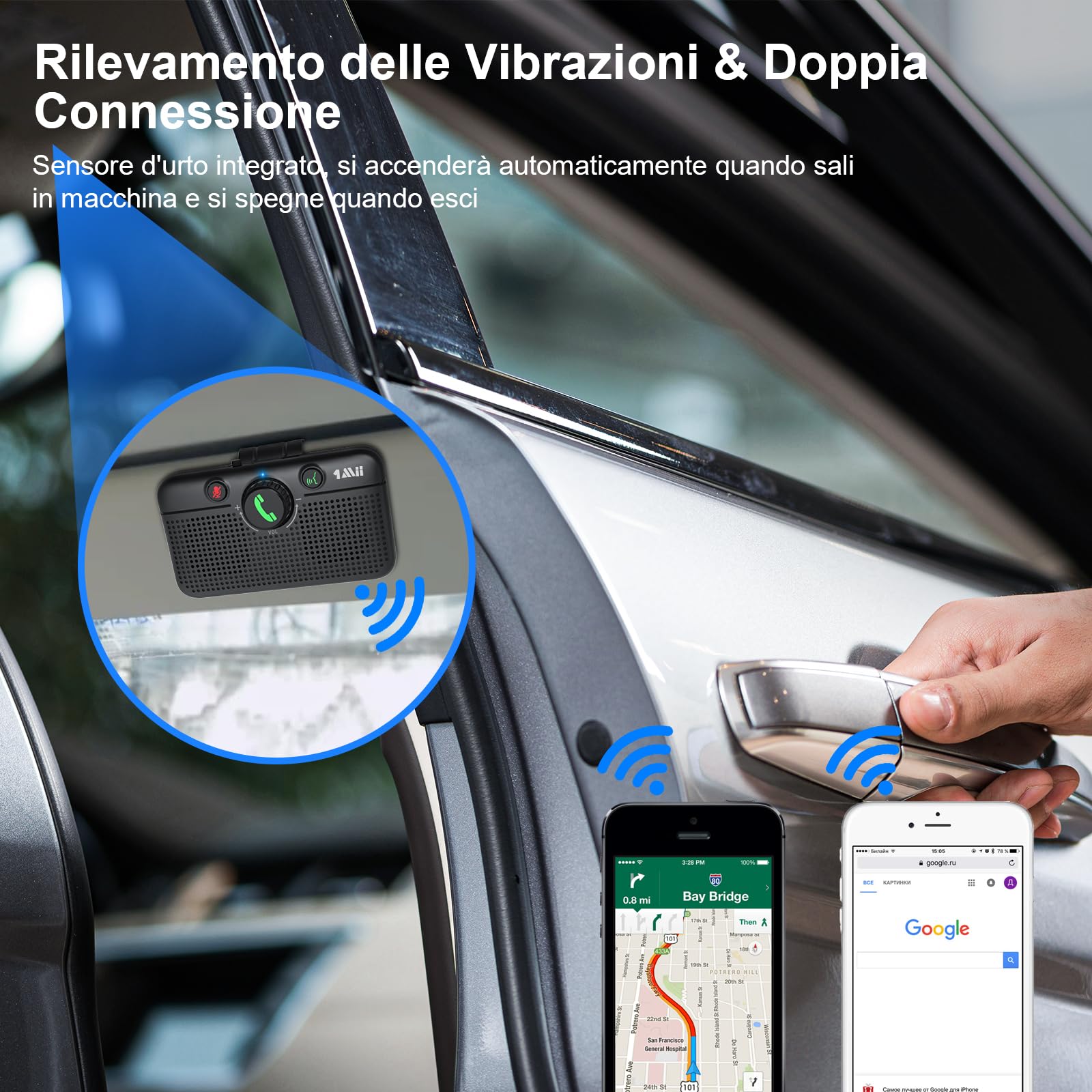 1Mii Kit Vivavoce per Auto Bluetooth 5.3 con Siri Assistente Comandi Vocali di Google Altoparlante, per Chiamate Viva Voce, GPS, Connessione Automatica, Altoparlante da 3W, Connettività Dual Link