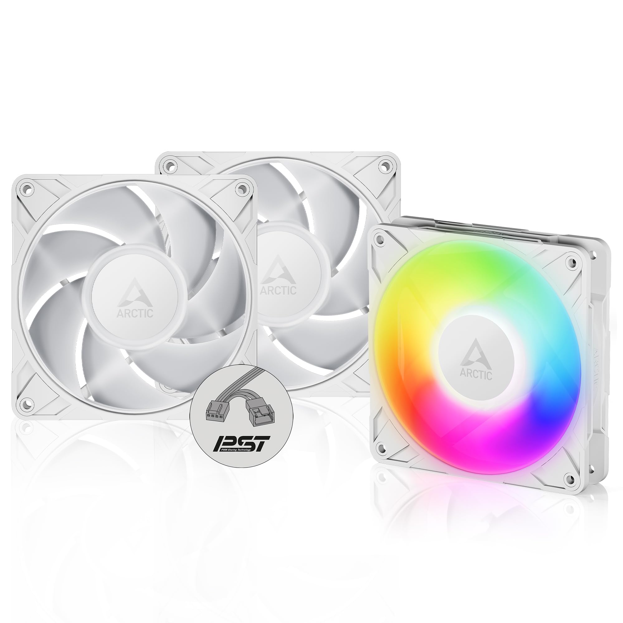 ARCTIC P12 Pro A-RGB (3 Piezas) - Potente Ventilador de Caja PC Premium, Case Fan PWM 120mm, Divisor cable Y, 600–3000 rpm, 0 rpm <5% PWM, 5V Digital RGB, 4 Pines, Rodamiento fluidodinámico - Blanco