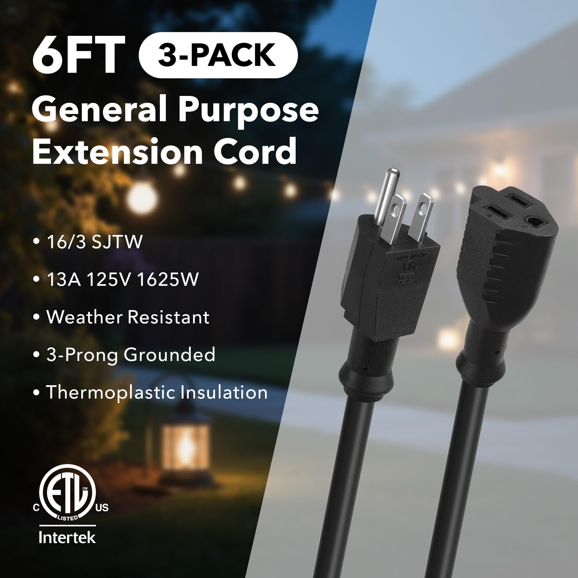 BN-LINK Cable de extensión para interiores y exteriores de 6 pies, 16/3 SJTW, paquete de 3, negro, 3 puntas, resistente a la intemperie y ignífugo, para interiores, jardín, paisajismo y decoraciones