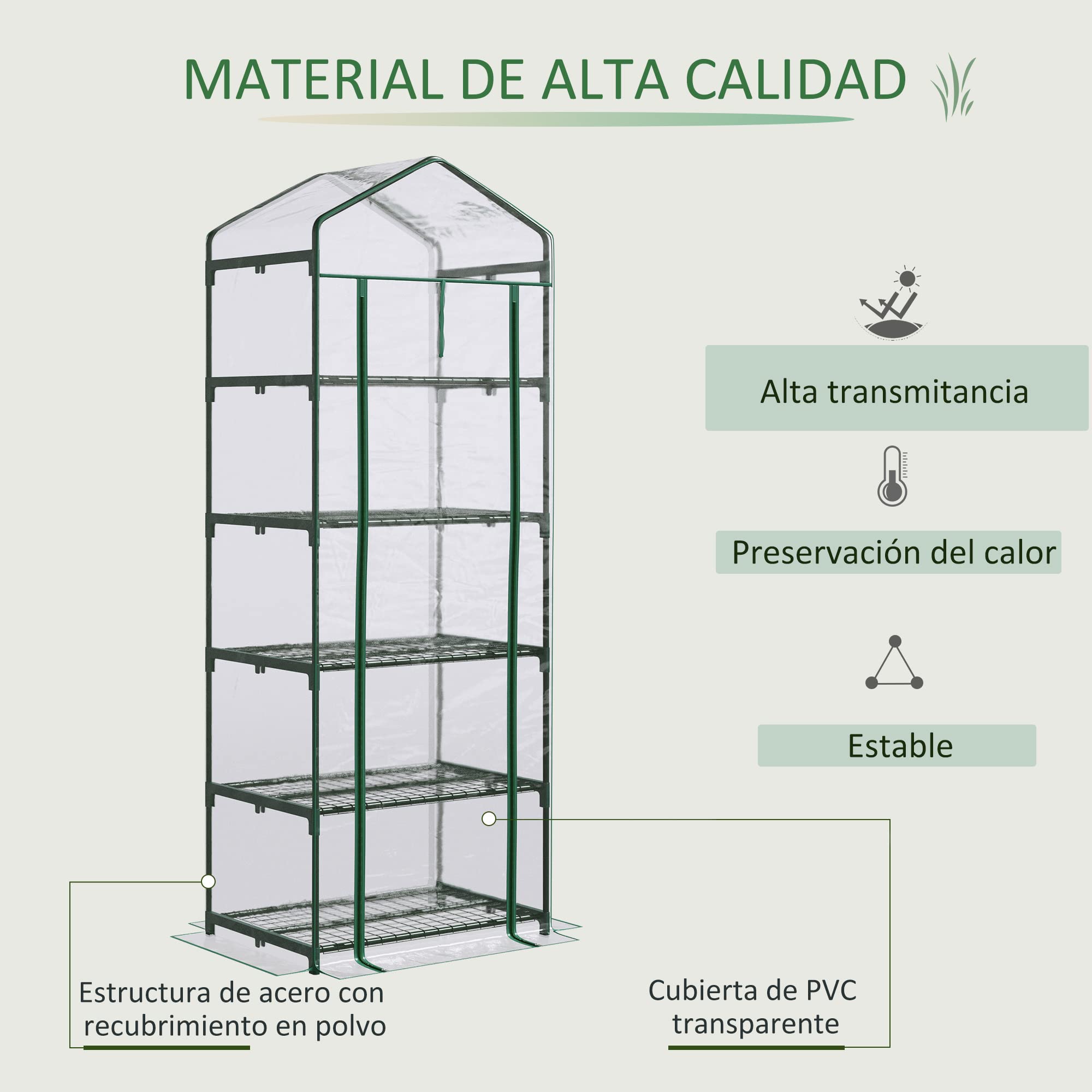 Outsunny Invernadero de Exterior 69x49x193 cm Invernadero Pequeño con 5 Estantes Puerta Enrollable con Cremallera Cubierta de PVC y Marco de Acero para Cultivar Plantas Flores Transparente