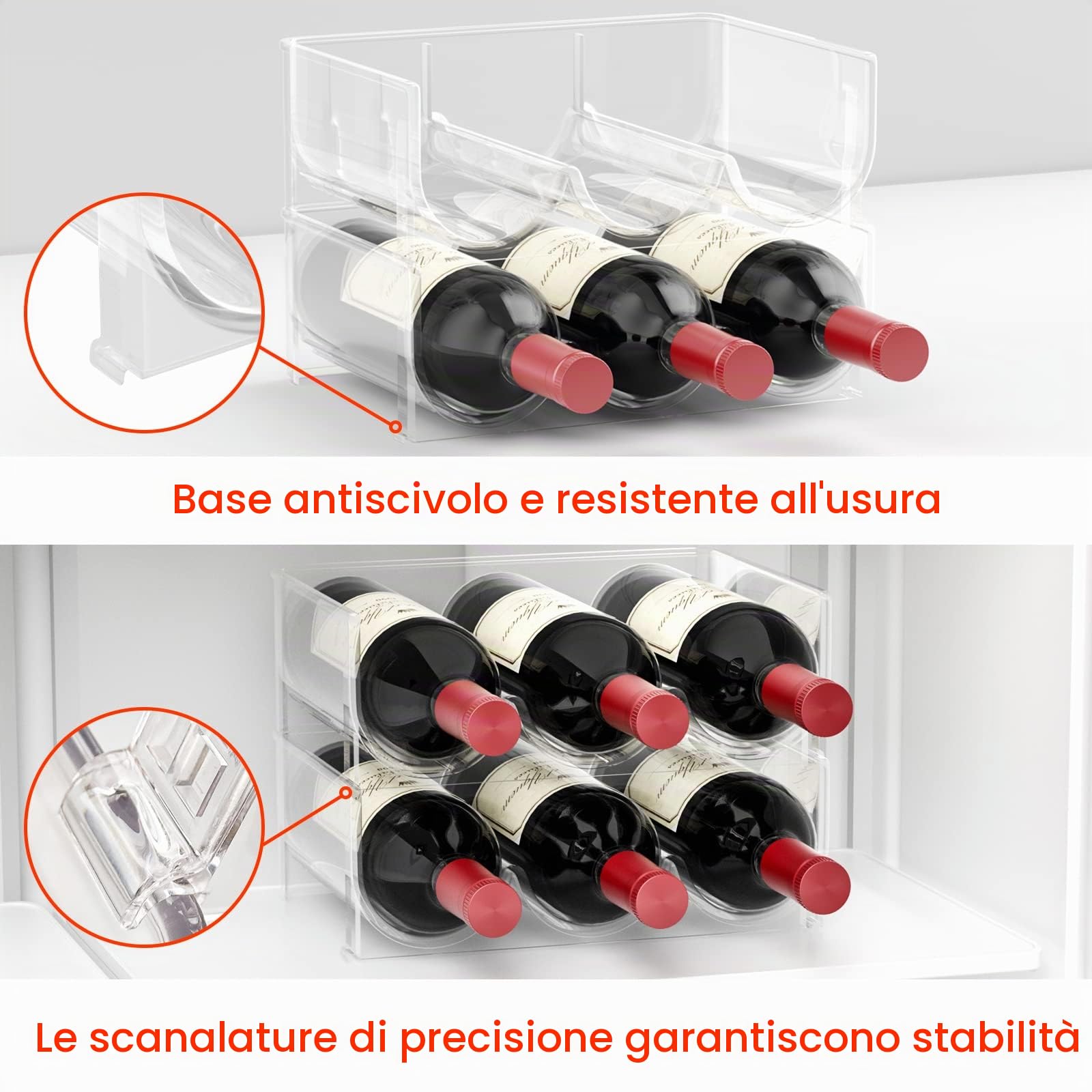 Relota Set di 2 bottiglie per vino, porta bottiglia frigo, porta vino impilabile, bottiglia in polistirene, contenitore per bottiglie verticali, può contenere fino a 6 bottiglie, adatto per armadietti