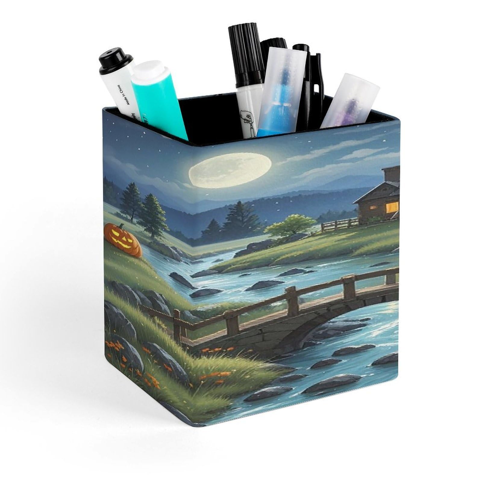 FekiLoot Full Moon Bridge Black Cat Pen Holder for Desk Minimalist Leather Pencil Holder Fashion Modern Pencil Cup Decorative Square Pen Cup Locker Organizer for Office Work Locker Accessories