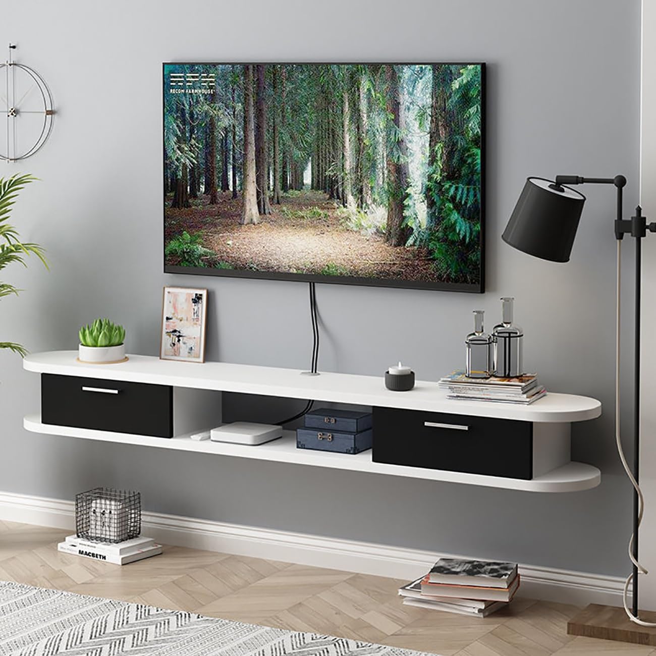 Schwimmende TV-Konsole, Wandhalterung, Unterhaltungszentrum mit Aufbewahrungsregal, Schrank für moderne Wohnzimmerdekoration (Weiß/Schwarz, 160 x 22 x 20 cm)