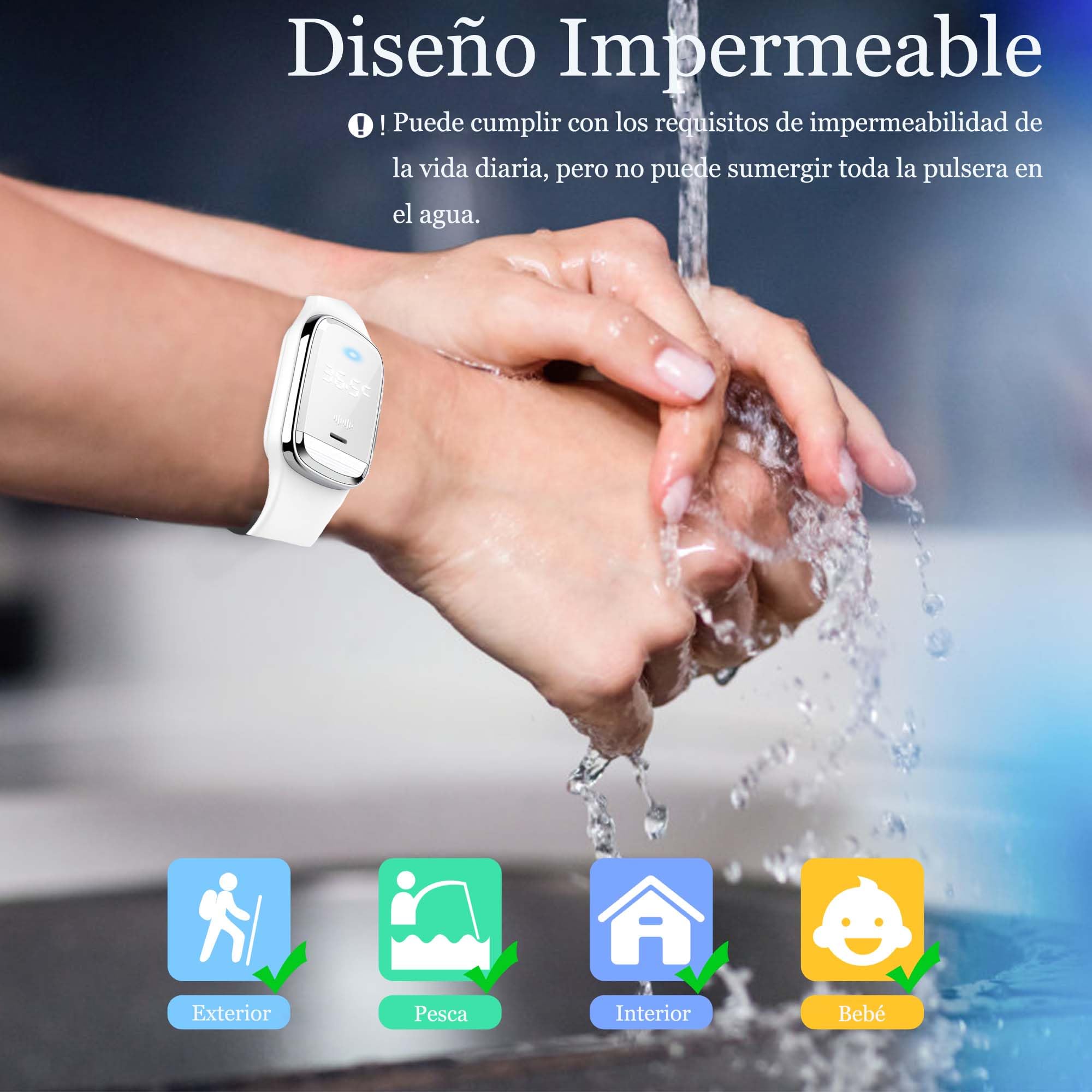 Pulsera Repelente de Mosquitos Ultrasónico Recargable USB Impermeable con Pantalla de Temperatura Corporal Blanco