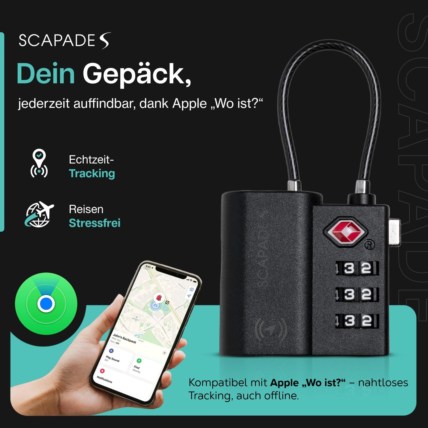 Scapade AirLock – TSA-zugelassenes Smart-Kofferschloss mit Apple „Wo ist?“ Tracking und USB-C-Akku, extrem robustes Reiseschloss für Hand- und Aufgabegepäck
