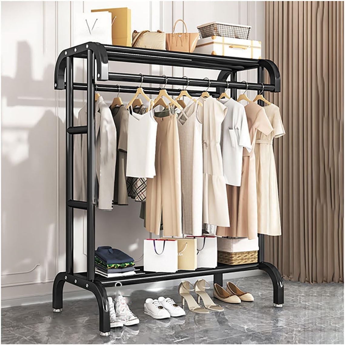 MYUYEE Metal Clothes Rack Coat Rack With Double Rails Open Wardrobe Freestanding Clothes Rail With Storage Compartment For Bedroom, Living Room(120Cm Schwarz-Schwarz)