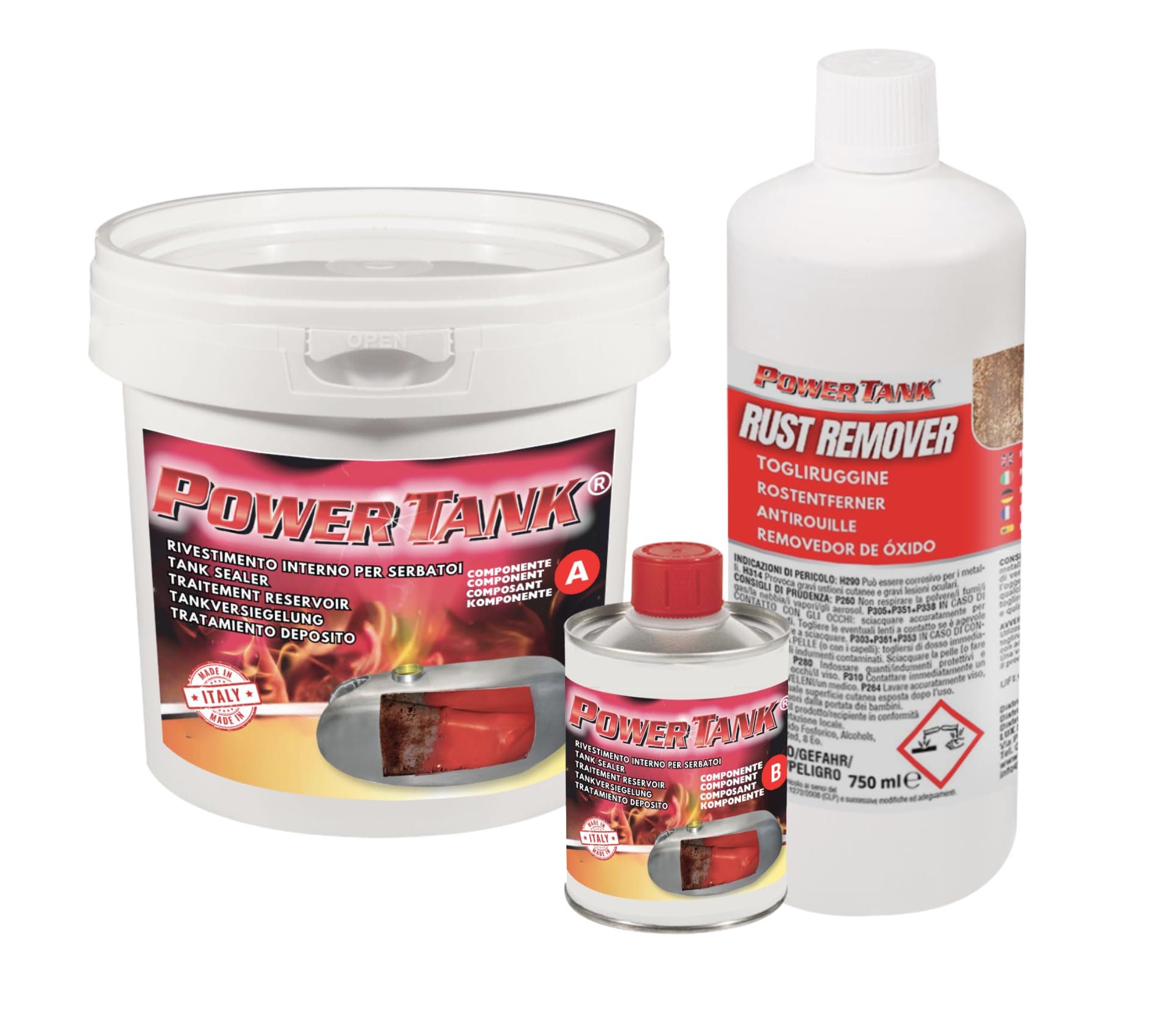 POWER TANK Trattamento Serbatoio Moto Auto (100/120 Litri) Kit Very Big 2,5 kg per Interno Serbatoi Benzina Diesel Gasolio Elimina la Ruggine Ripara Protegge Arrugginito Vespa d'Epoca con Antiruggine