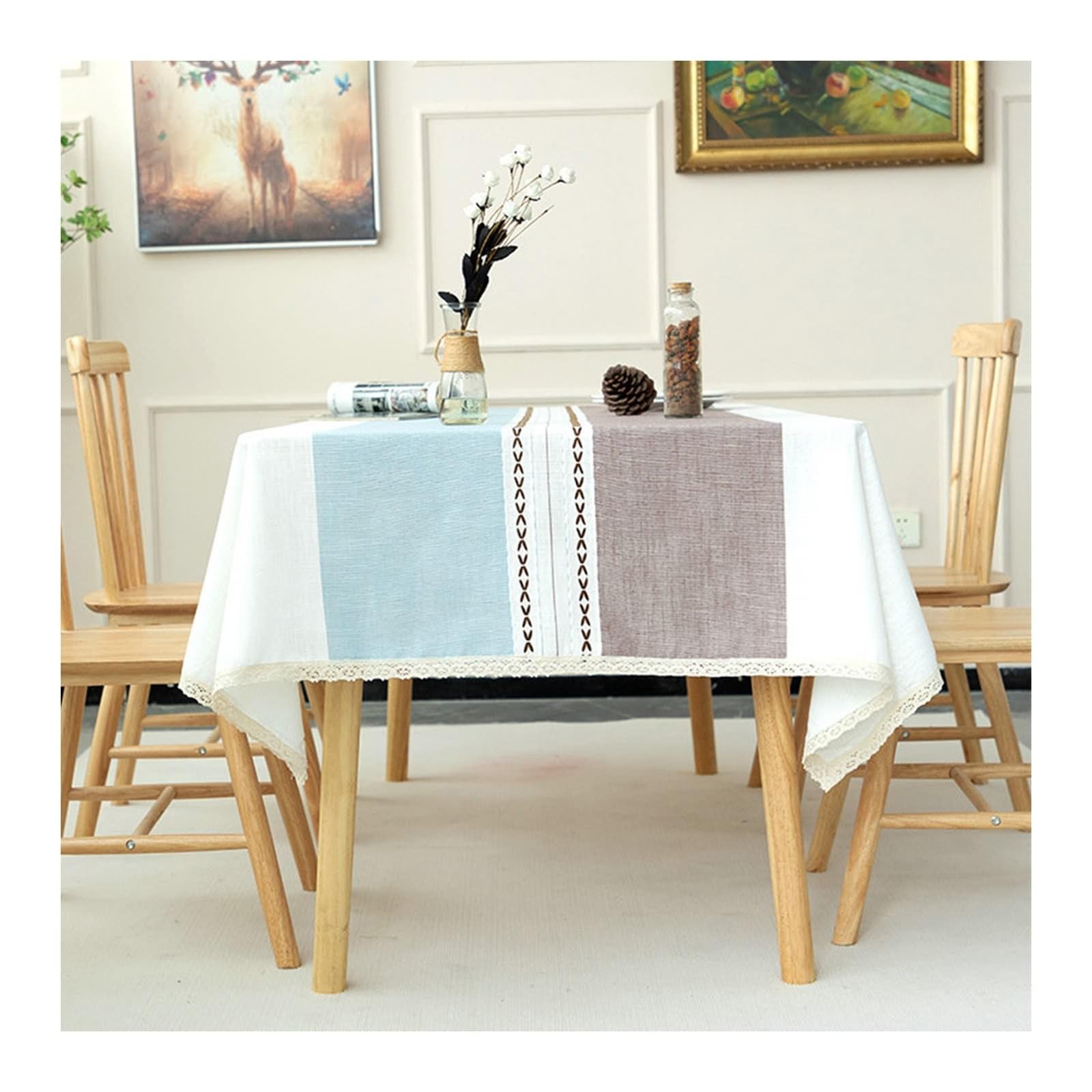 Daesar - Mantel Rectangular Mesa Terraza,Mantel Antimanchas Poliéster Empalme de Rayas con Encaje Mantel Centro de Mesa Decorativo Azul Café,140x180CM(71x55Inch)