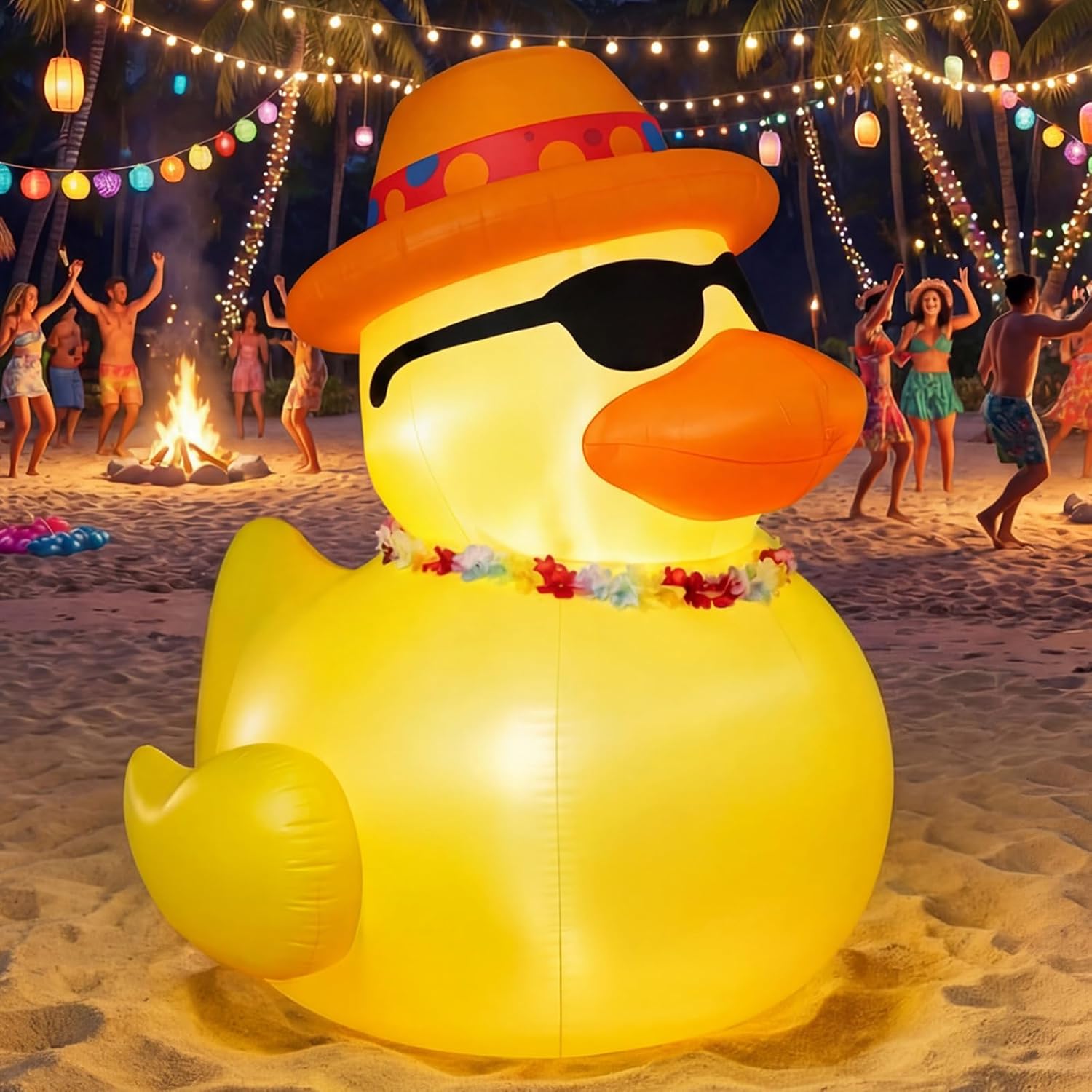 Hungdao 5 ft Summer Inflatable Duck Outdoor Decorations with Built-in LED Light Surfboard Beach Ball Blow up Inflatable Duck Pool Favors for Indoor Outdoor Lawn Yard Garden Decor