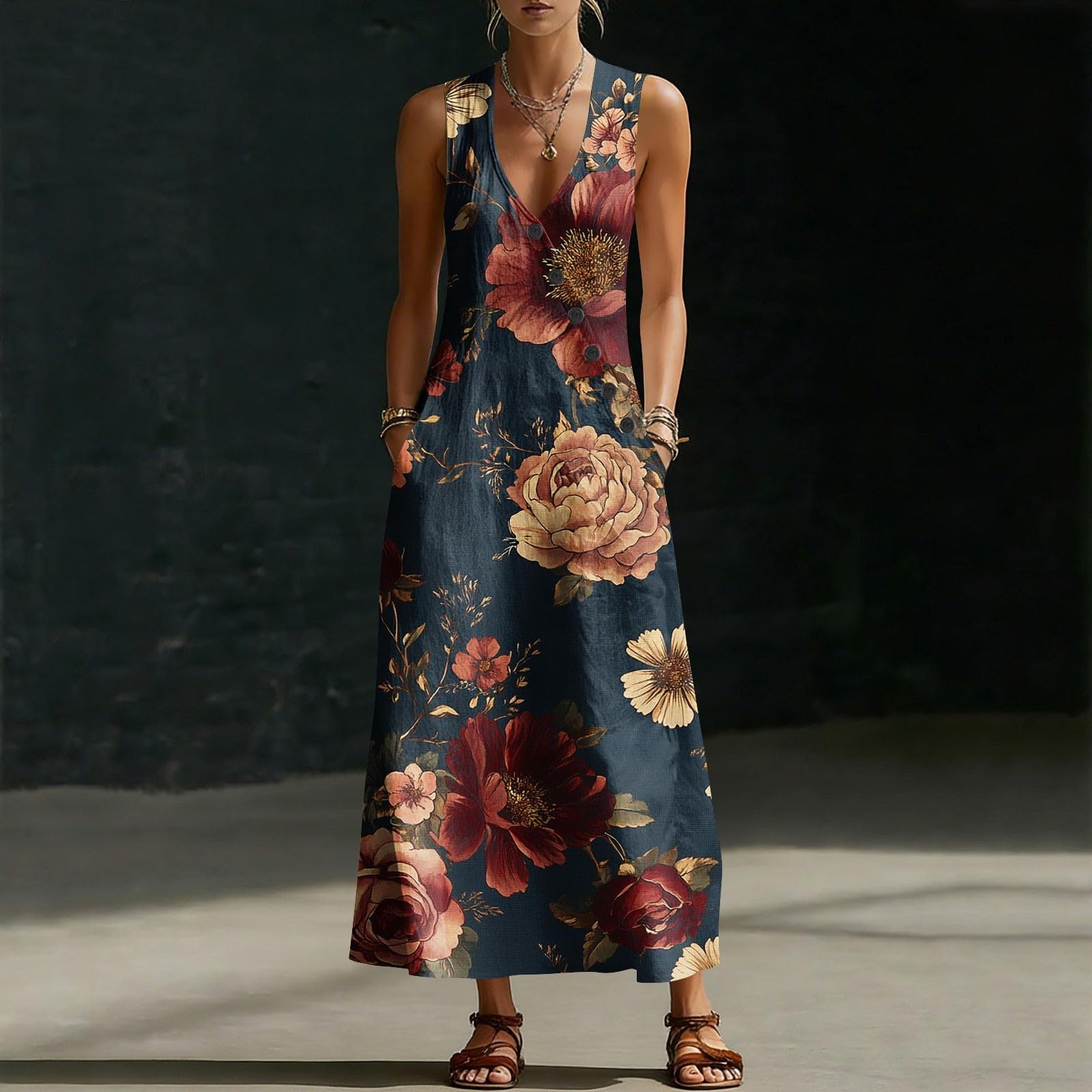 Generico Vestito Floreale Donna Estivo Senza Maniche in Misto Lino Vestiti Mare Boho da Spiaggia Abito Elegante Lungo con Scollo a V e Bottoni Abiti Casual Curvy Leggero per Vacanze Viaggio Uscite,