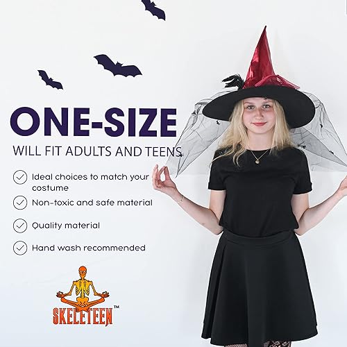 Miniatura 7 de Skeleteen Sombrero de bruja puntiagudo de lujo, accesorios de brujas rojas glamorosas, sombrero de satén con lazo, arañas y plumas negras