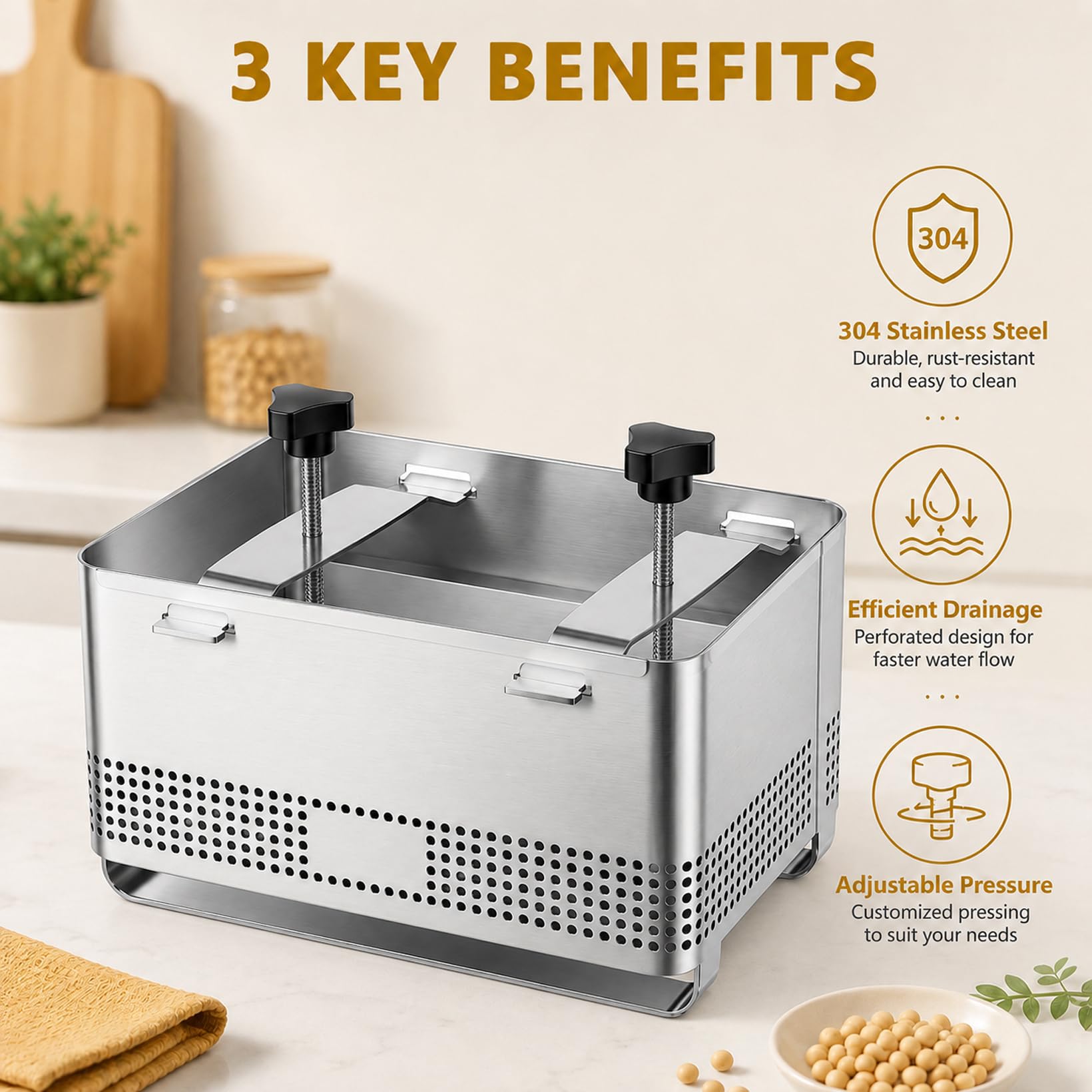 Tofupresse 304 Edelstahl, Tofupresse mit Käsetuch und Abtropfschale | 2kg Paneer Maker für Hausgemachten Tofu Paneer Käse(22x14x12cm)