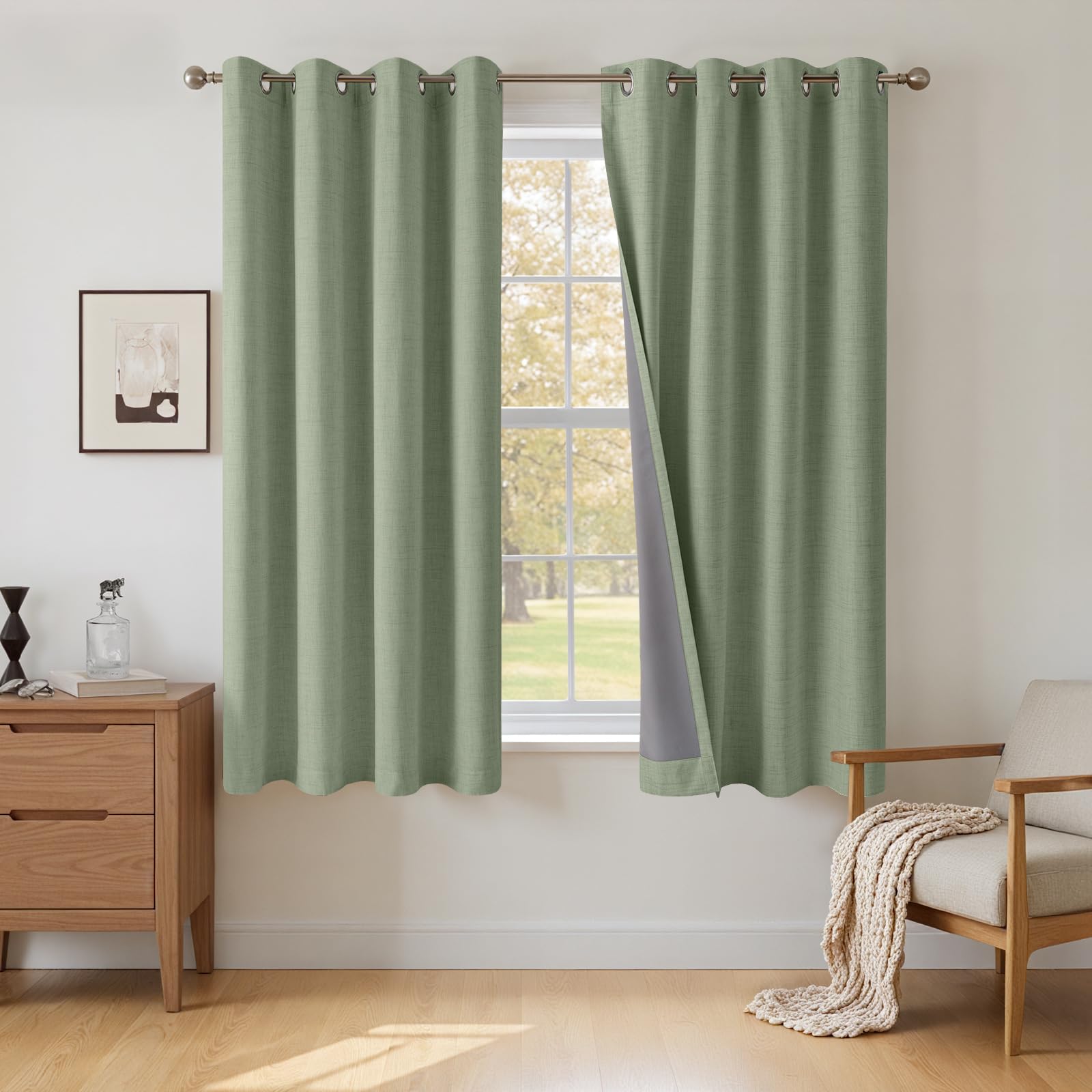 INOVADAY 100% Blackout Curtains 63 Inch Drop 2 Panels, Thermal Insulated Eyelet Curtains with Coating Back Layer for Bedroom & Living Room, 46" W x 63" L, Sage Green — image 1