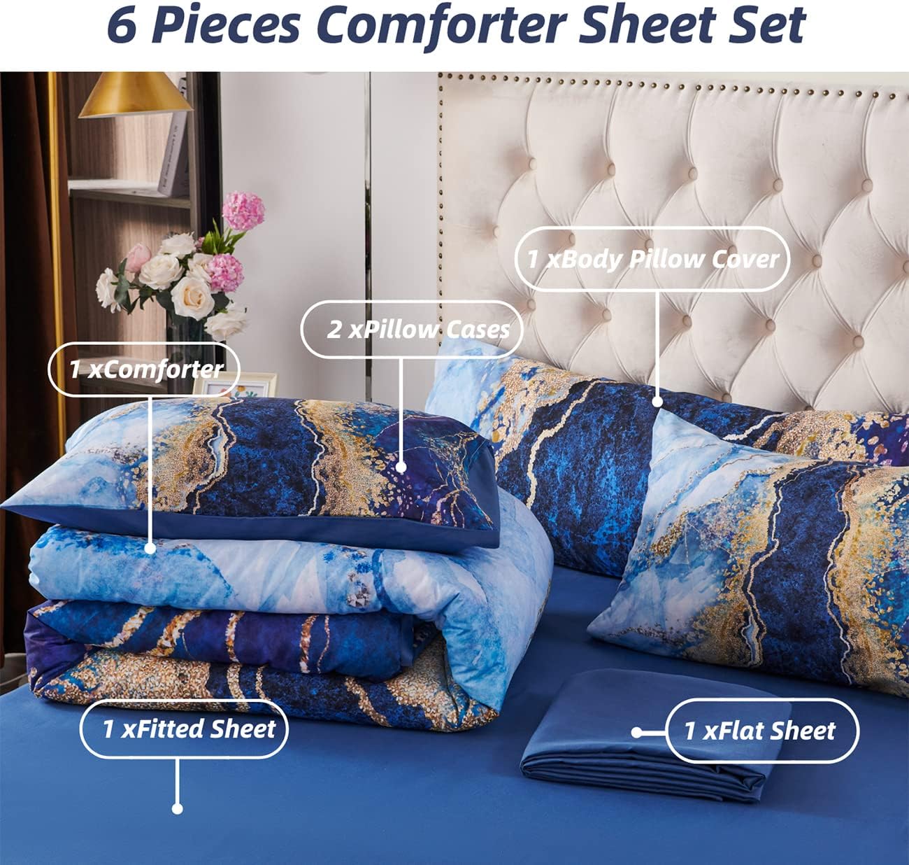 PERFEMET Watercolor Marble Pattern Comforter Sets Blue Tie Dye Bedding Set King Size 3D Printing Bed-in-A-Bag, Stylish Retro Artwork Quilt Set Durable Soft Bed Collections 6 Pieces(Blue,King Size)