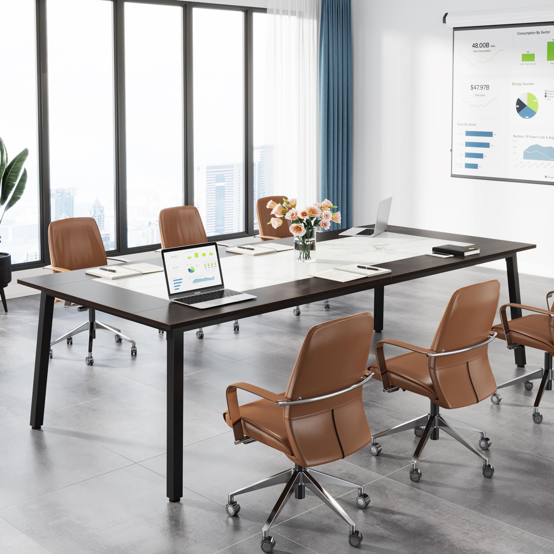 Tribesigns Large Conference Table Grande Tavolo da conferenze, Legno Ingegneria Metallo, Acero caffè + Calacatta Bianco + Nero, L