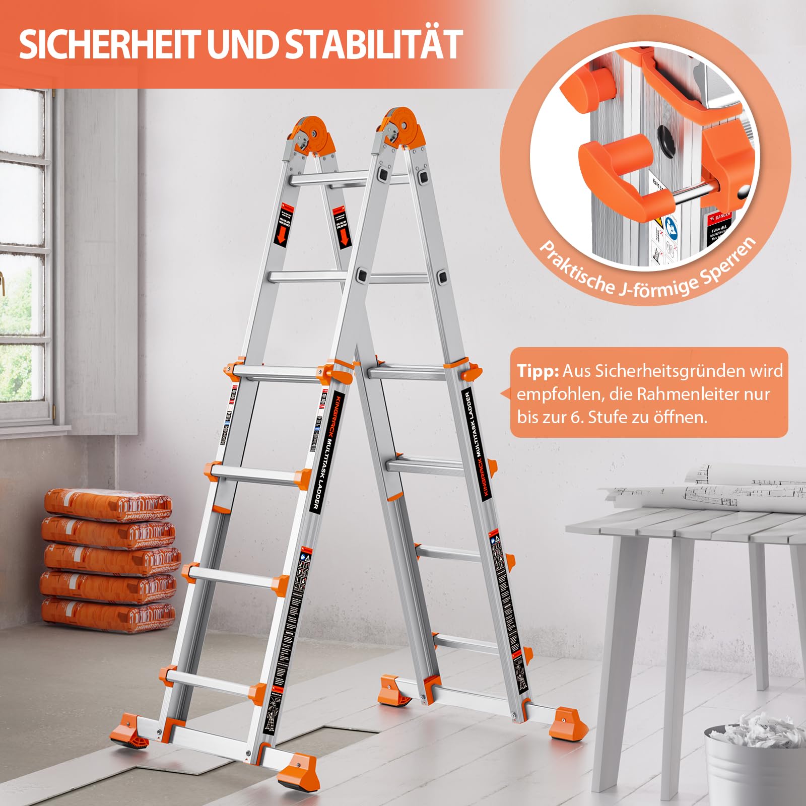 KINGRACK Aluminium Teleskopleiter 4,17 M 4x4 Sprossen Mehrzweckleiter, Rutschfeste Multifunktionsleiter mit Stabilisatorstange, Aluleiter Treppenleiter Bockleiter beidseitige Steh Belastbar bis 150 kg