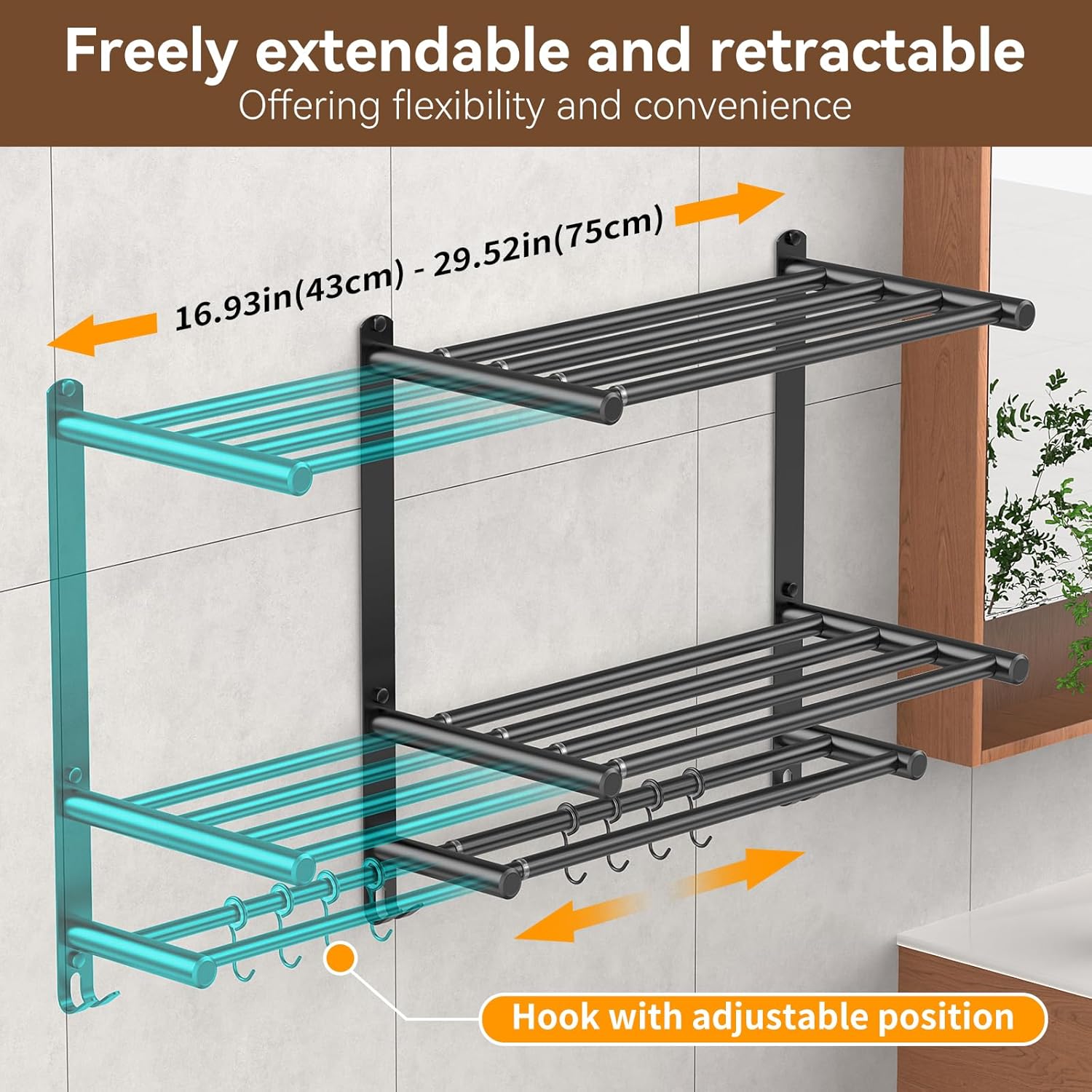 Adjustable 16.9–28" Matte Black Towel Rack for Bathroom SUS304 Stainless Steel 2-Tier Shelf with Extended Bar & 4 Sliding Hooks, Adhesive or Screw Mount, Bathroom/Over-Toilet Organizer - Image 3